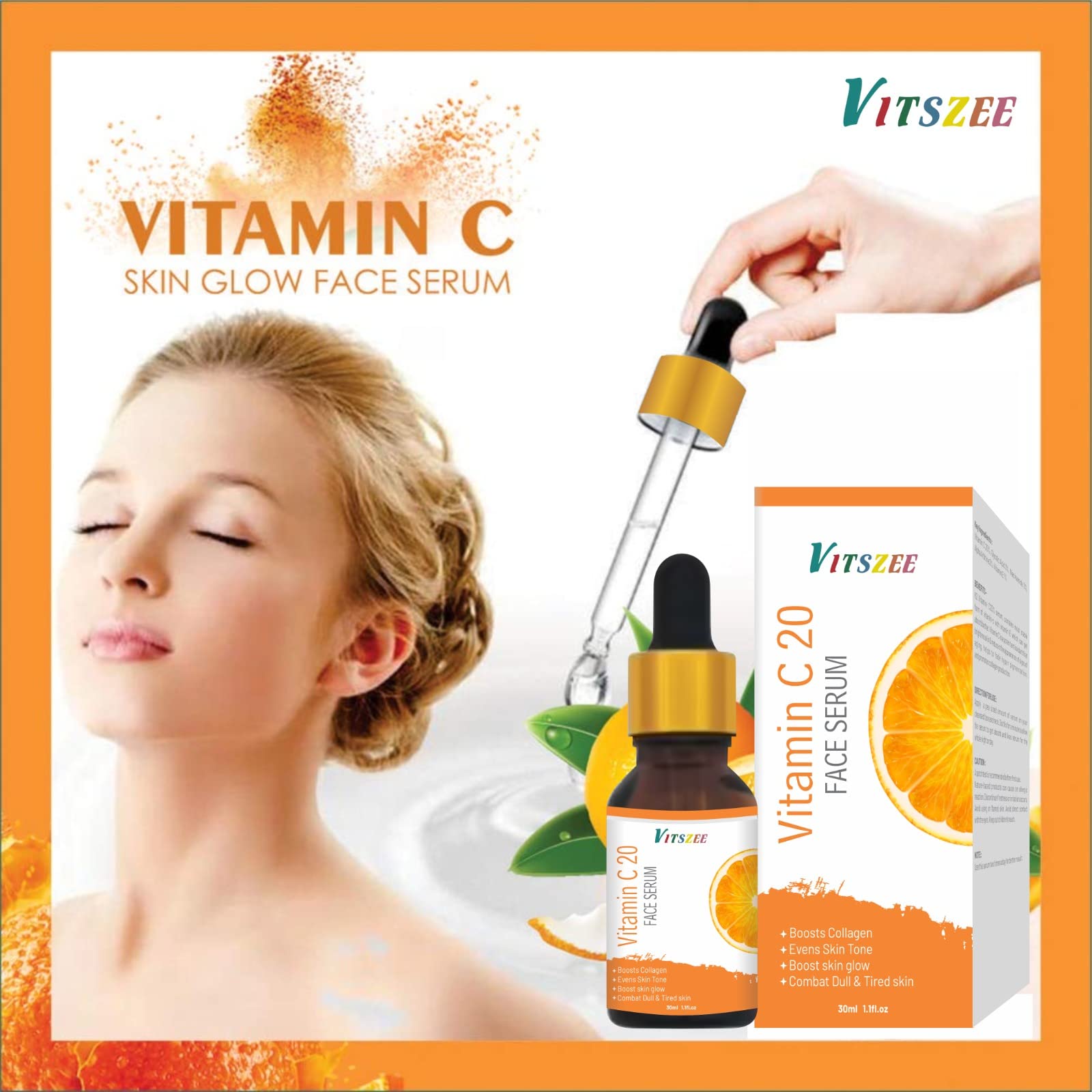 VITSZEE 20% Pure Vitamin C Serum for Face - Organic Brightening & Glowing Skin Treatment | Anti-Aging, Dark Spot Corrector, Daily Skincare Routine