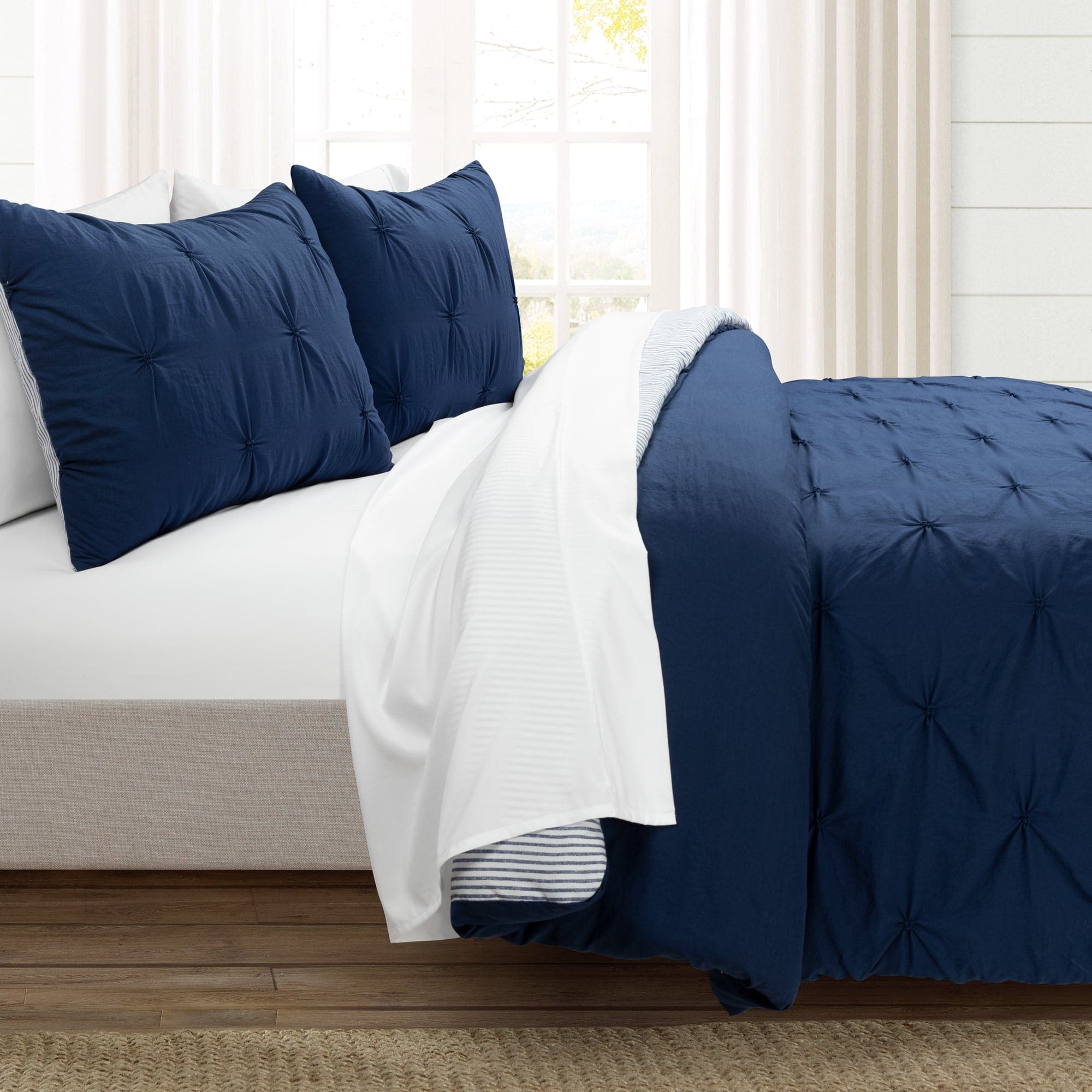 Ravello Pintuck Reversible Comforter Bed in a Bag Set - Queen Size Luxury Bedding for Master Bedroom & Guest Room | Complete Comforter, Sheet Set & Pillow Shams