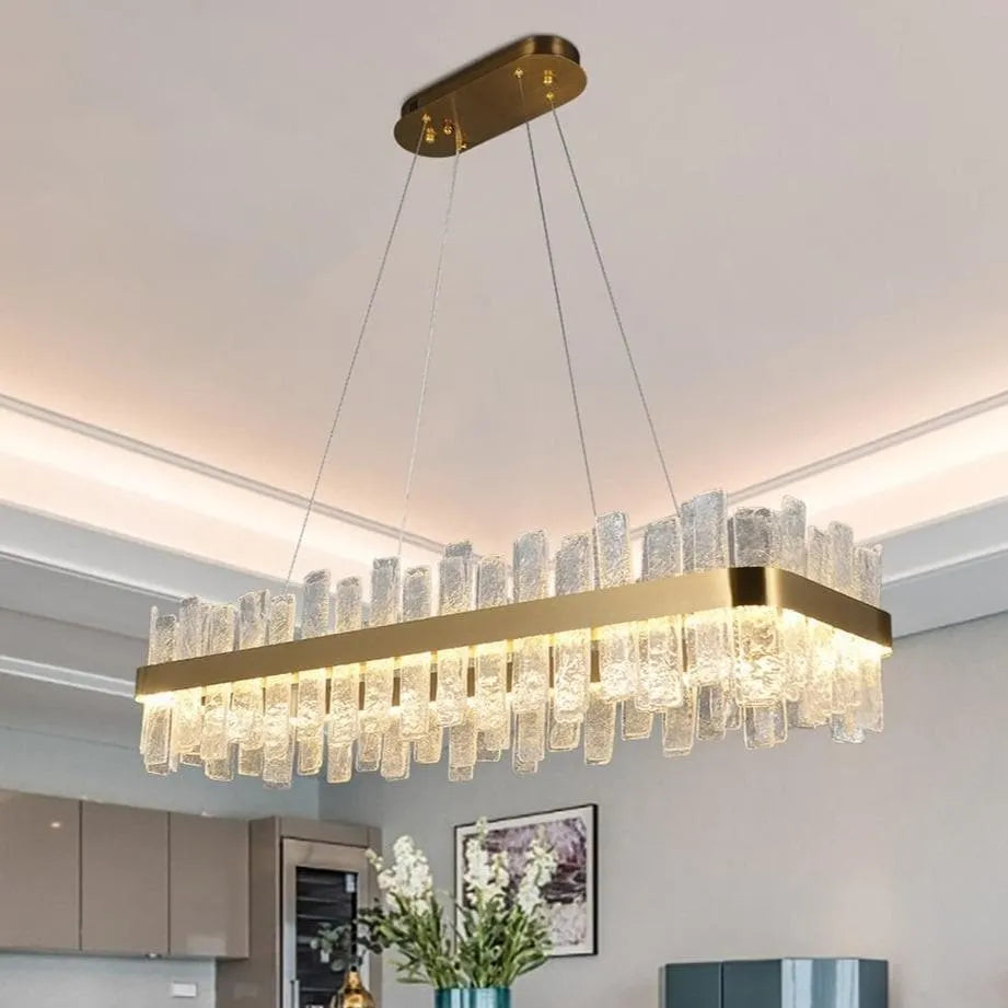 Modern Golden Crystal Rectangle Chandelier - 32/40 Inch Flake Long Lamp for Dining Room, Living Room & Bedroom Lighting