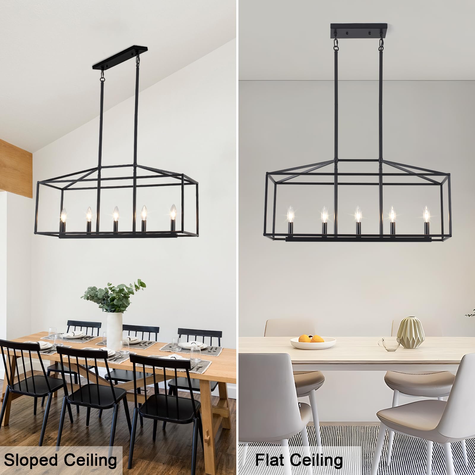 ALISADABOY Modern Black Rectangle Chandelier - 5-Light Linear Pendant Lighting for Farmhouse Dining Room, Rustic Kitchen Island & Living Room | Perfect Over Dining Table & Kitchen Counter