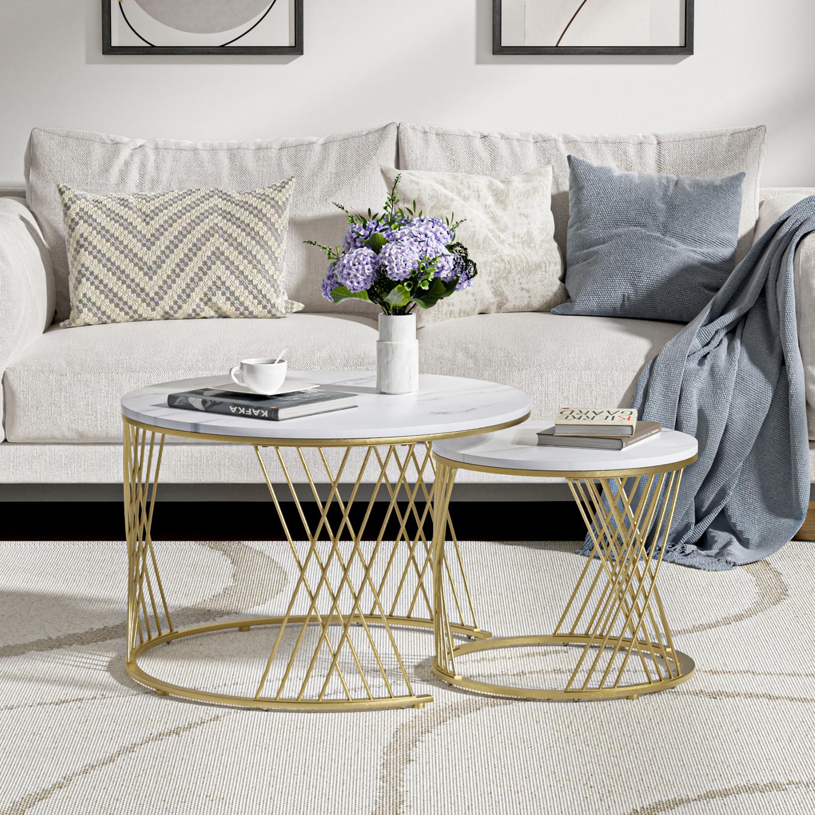 Giluta Round Coffee Table Set of 2 - Modern Faux Marble Nesting Tables for Living Room, Bedroom & Office - Stylish Center Table & Nightstand for Small Spaces