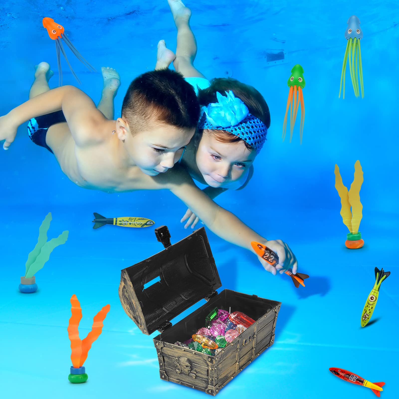 **58Pcs Pool Diving Toys Set with Treasure Chest, Torpedoes, Gems & More - Fun Underwater Adventure for Kids 3+ (Bronze) - Perfect for Pool Parties, Summer Fun & Swimming Games**