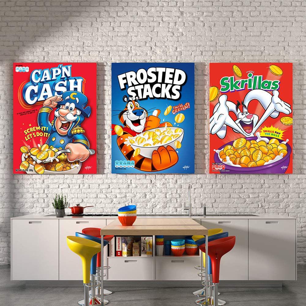 Inktuitive 'Breakfast of Champions Set' Motivational Wall Art - Funny Cereal Canvas Print - Inspirational Décor for Bedroom, Living Room & Office - 16x12 Inches - Perfect for Home, Office & Gifts