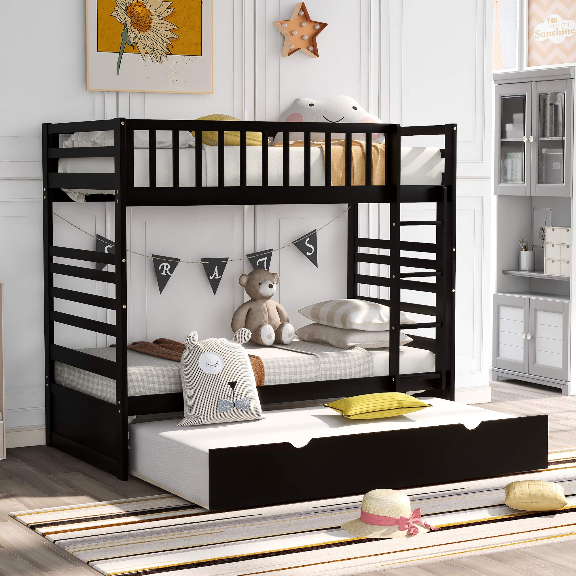 Harper&Bright Designs Twin Over Twin Bunk Bed with Safety Rail & Ladder - Space-Saving Twin Trundle Bed for Kids, Teens & Guest Rooms - Sturdy Wooden Bedroom Furniture in Espresso Finish - Perfect for Small Spaces, Sleepovers & Vacation Homes