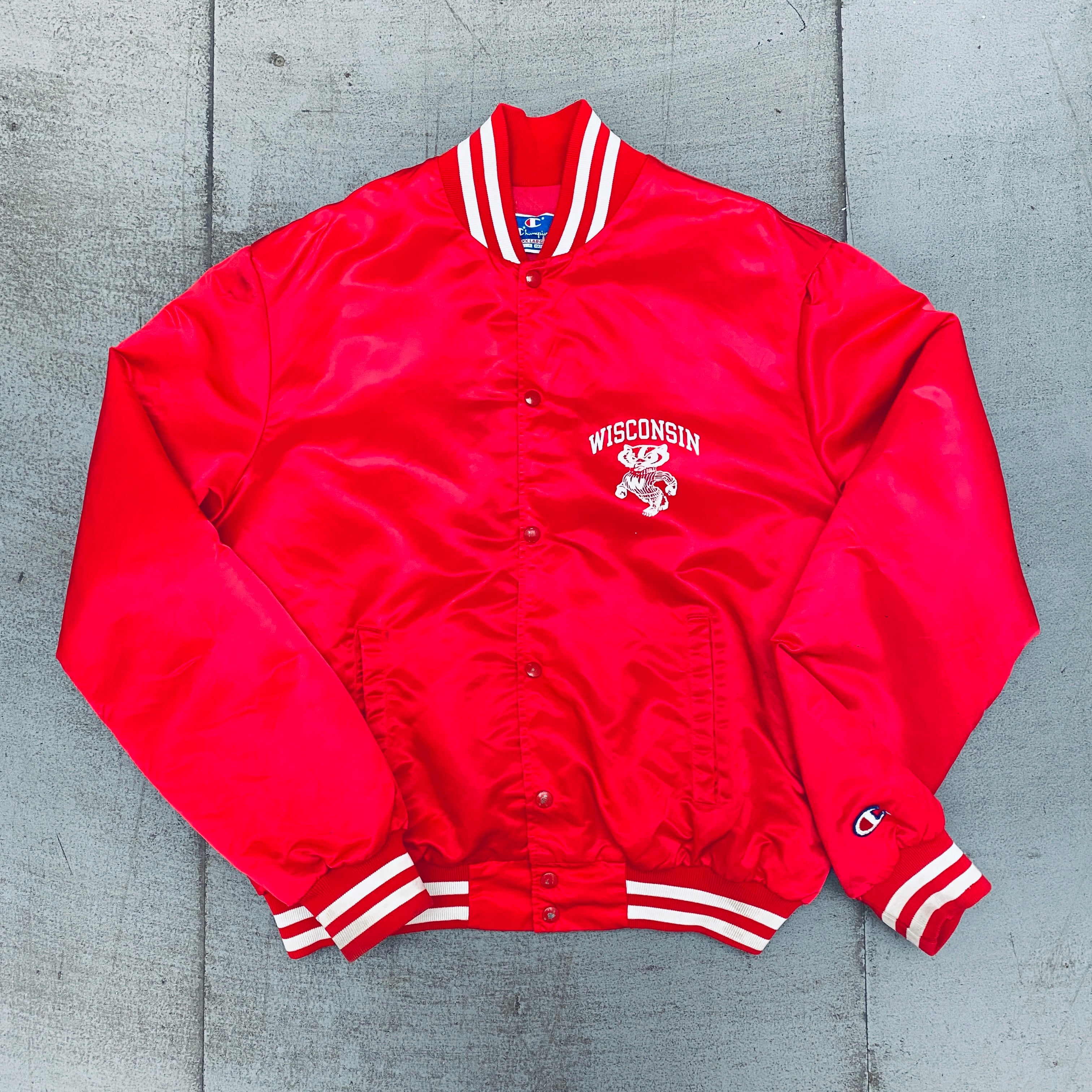 1990s Wisconsin Badgers Champion Satin Stitched Reverse Spellout Bomber Jacket - XL/XXL - Vintage College Football Apparel for Fans & Collectors
