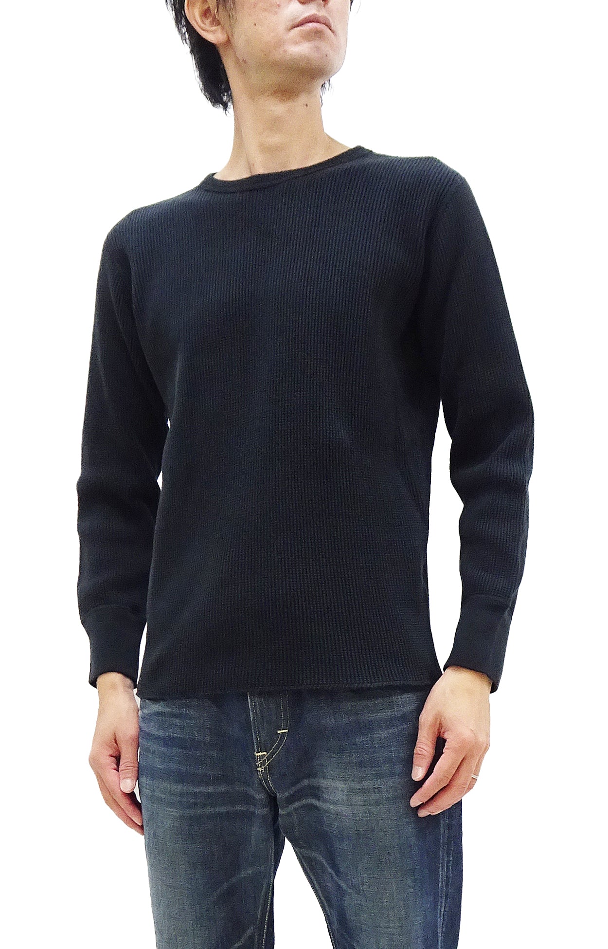 Studio D'artisan Men's Waffle Knit Thermal T-Shirt - Heavyweight Long Sleeve Crew Neck Casual Tee (Black, Style 9936) - Perfect for Winter Layering & Outdoor Activities