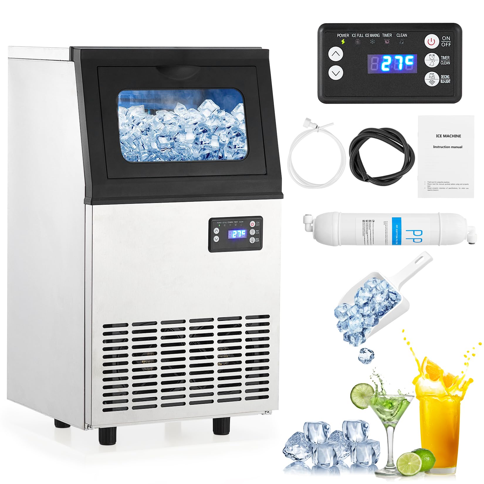 Commercial Ice Maker Machine 110LBS/24H with 18LBS Storage Bin & Water Filter - Under Counter Ice Machine for Restaurants, Bars, Cafes & Home Use - Perfect for Cocktails, Beverages & Food Display