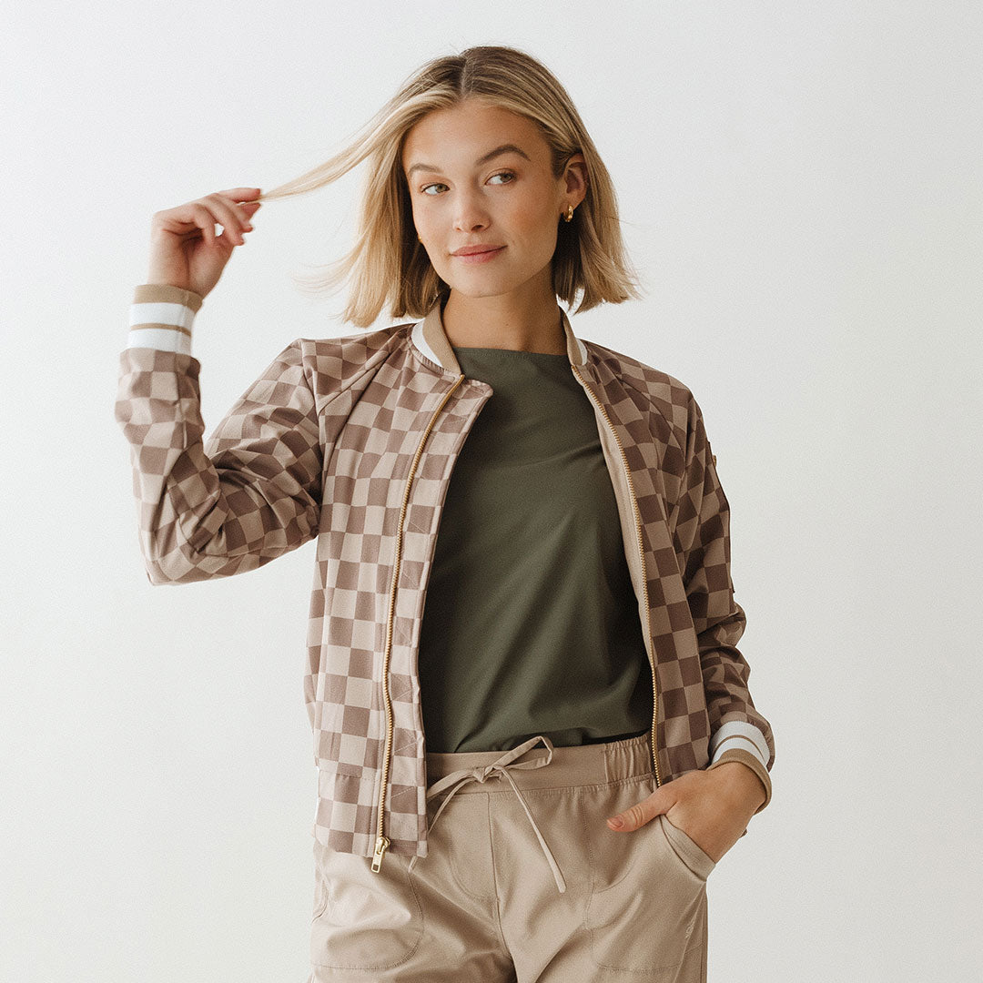 Stylish Brown Checkers Bomber Jacket for Men & Women | Vintage Inspired Lightweight Jacket for Casual Wear & Street Fashion