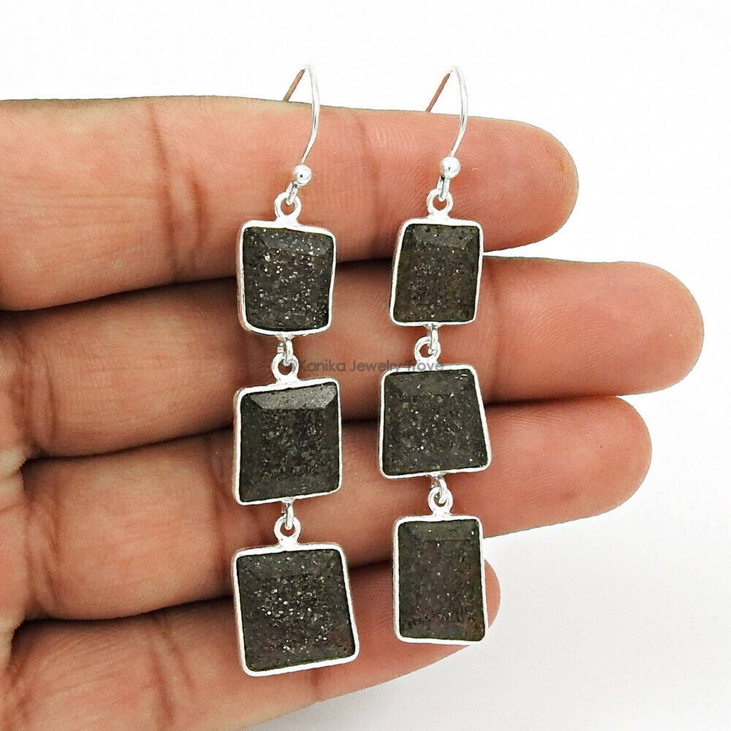 925 Sterling Silver 3-Tier Dangle Hook Earrings for Women | Handmade Sunstone Gemstone Jewelry | Elegant Gift for Birthday, Wedding & Party Occasions