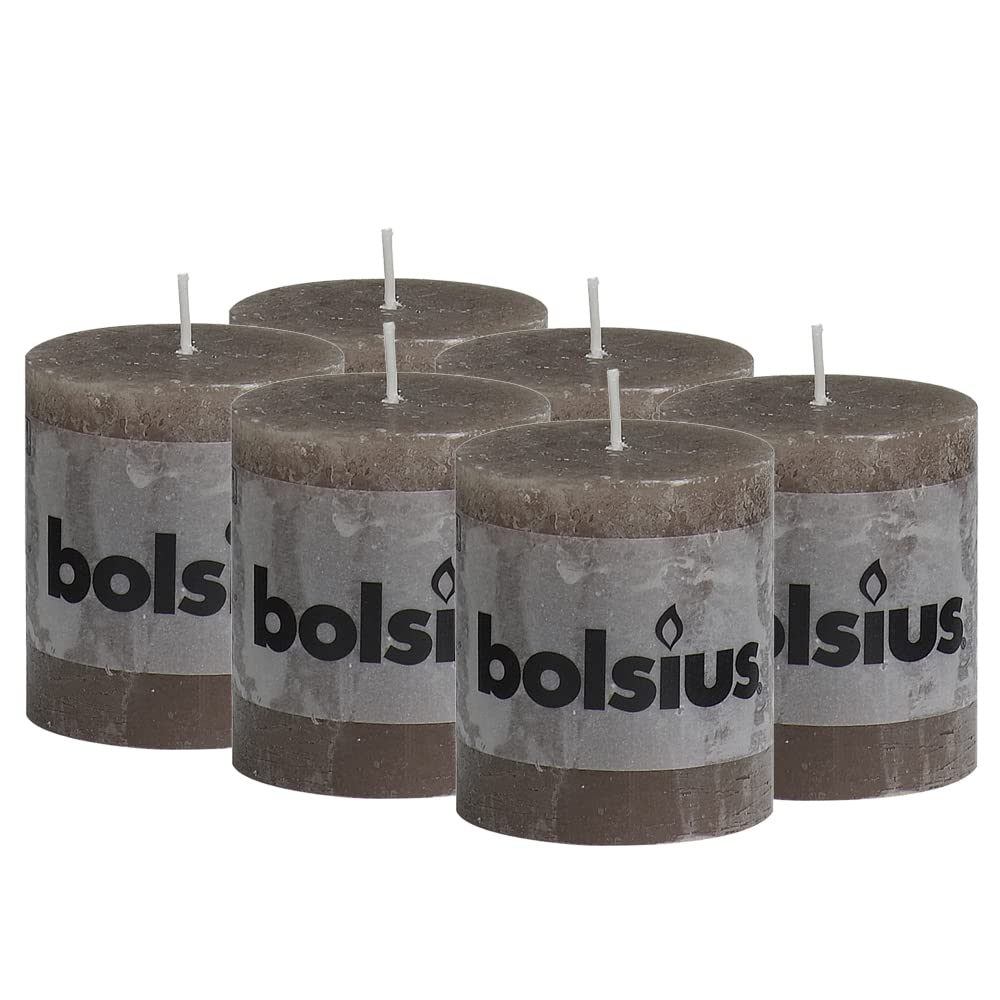 BOLSIUS Taupe Rustic Pillar Candles 6 Pack - 2.75 x 3.25 Inches - 30+ Hours Burn Time - Premium European Quality - Unscented Dripless Candles for Wedding, Party, Home Decor, and Romantic Dinner Ambiance