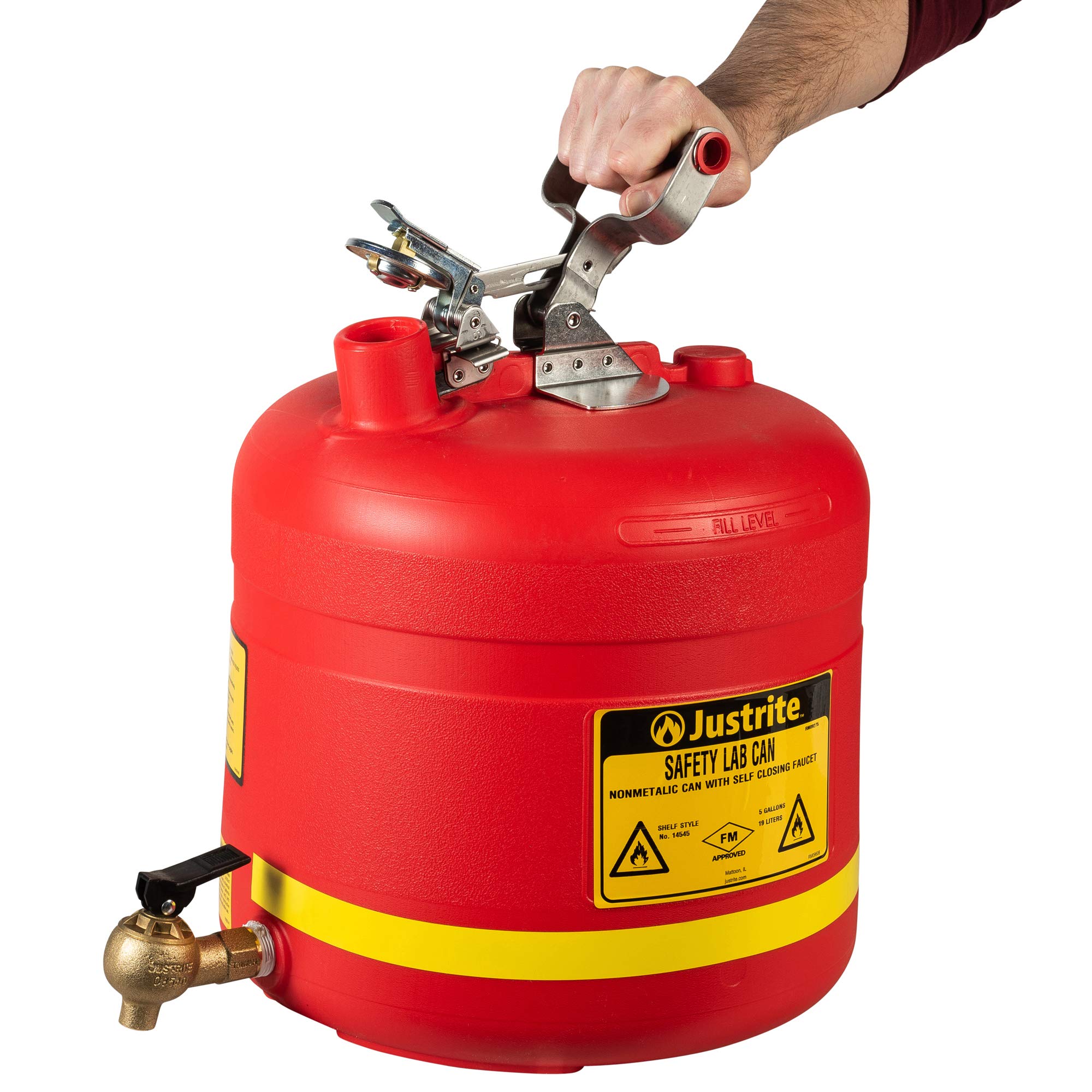 Justrite 14545 5 Gallon Red Polyethylene Safety Can with Self-Closing Brass Faucet - Chemical Storage, Workshop & Garage Use for Flammable Liquids