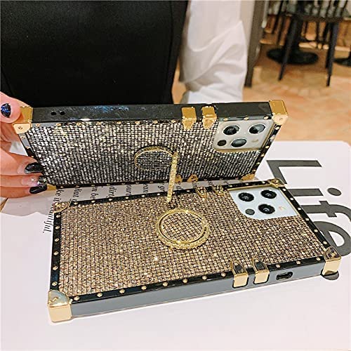 Luxury Bling iPhone 12 Pro Max Case - Glitter Trunk Box Design with Gold Corners, Soft TPU Cover & Finger Ring Grip Kickstand | Perfect for Women & Girls | Protective Phone Skin in Gold | Great for Parties, Daily Use & Gift Giving