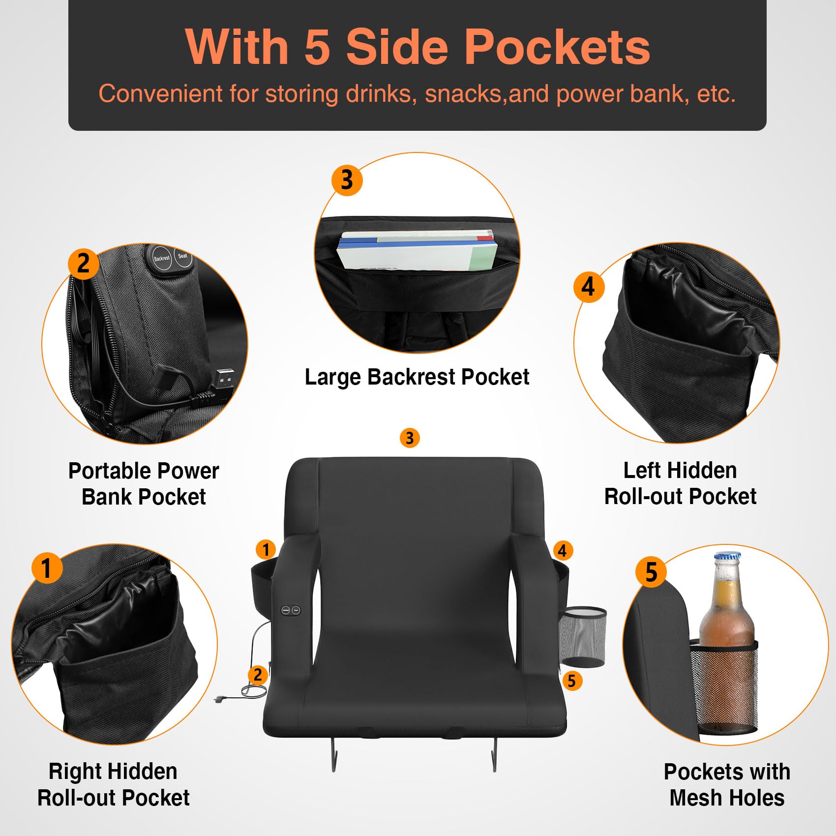 Dual-Sided Heated Stadium Seat with Back Support - Portable Bleacher Seat with 3 Heat Levels & 5 Storage Pockets - Perfect for Football Games, Concerts, Camping & Outdoor Events (Black)