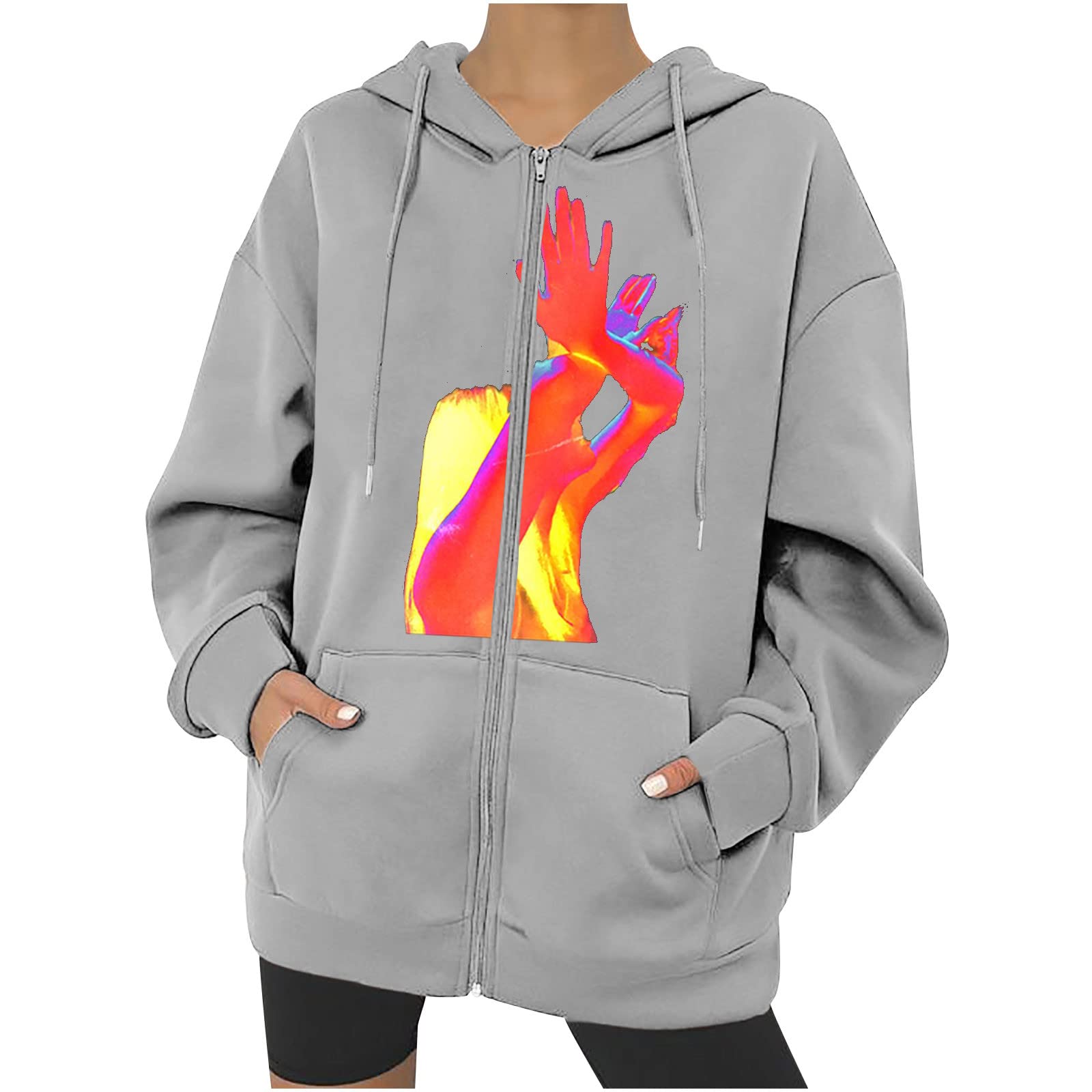 Afelkas Women's Halloween Skull Print Hoodie - Zip Up Sweatshirt with Drawstring Pockets, Long Sleeve Loose Fit Pullover for Casual Wear & Halloween Costume