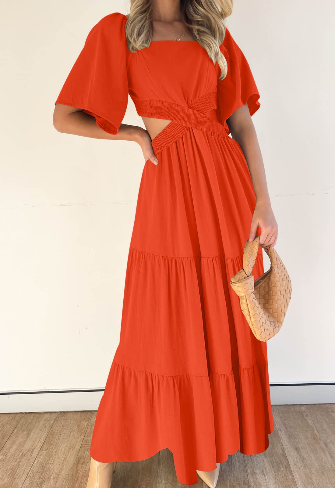 LEANI Women's 2025 Summer Cutout Maxi Dress - Square Neck Short Sleeve Crossover Waist Flowy Beach Dress for Casual Wear, Party & Vacation