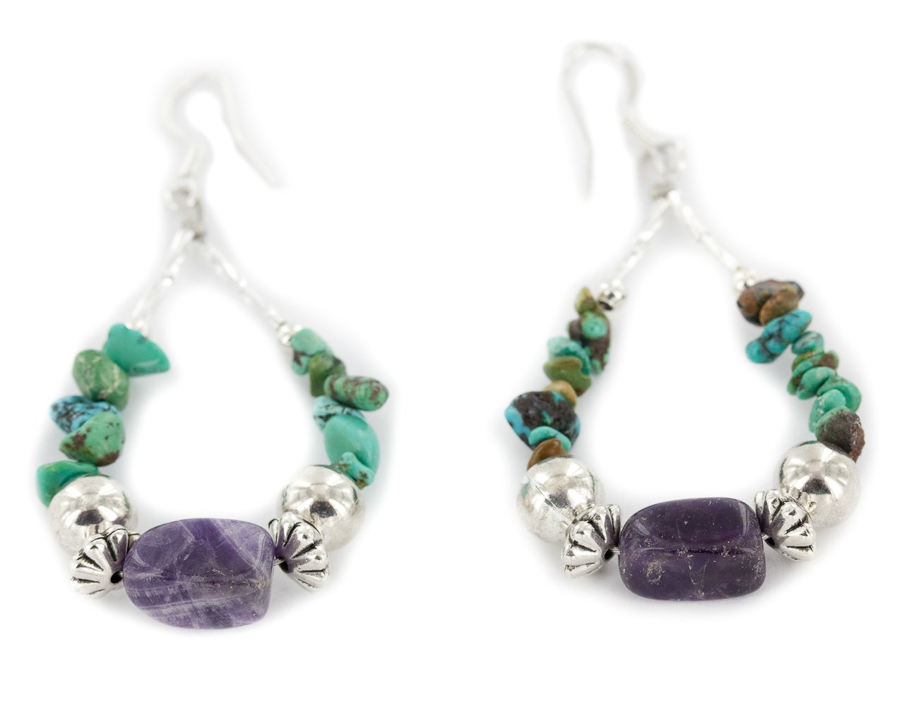 Sterling Silver Native American Hoop Earrings with Turquoise & Amethyst - Handmade by Loma Siiva - $90Tag Certified - Perfect for Boho Fashion, Festivals & Gift Giving