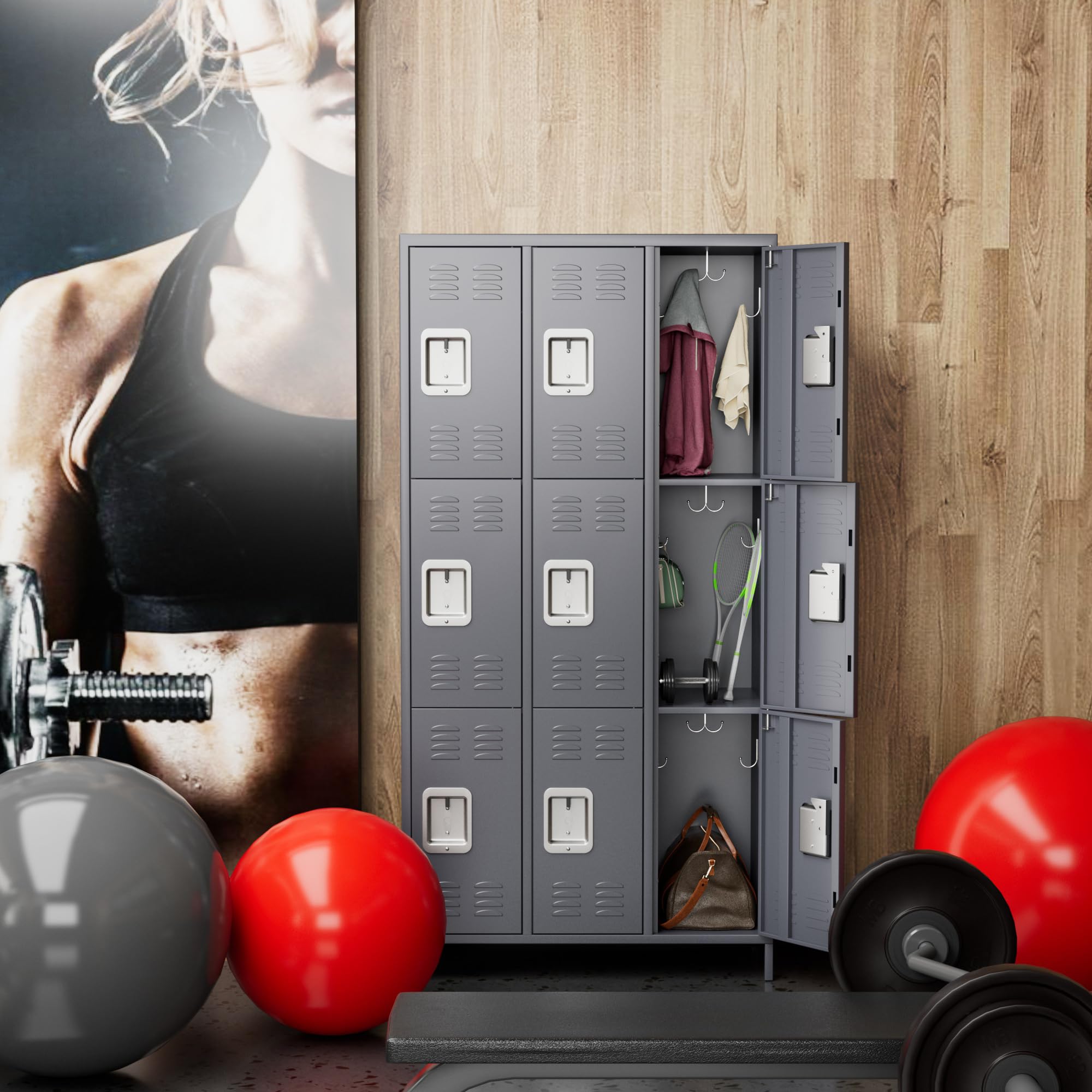 Heavy Duty 9-Door Metal Locker with Lock - Steel Storage Cabinet for Office, School, Gym & Bedroom - Includes 18 Hooks - Easy Assembly Required (Dark Grey) - Perfect for Employee Storage, Sports Equipment & Personal Belongings Organization