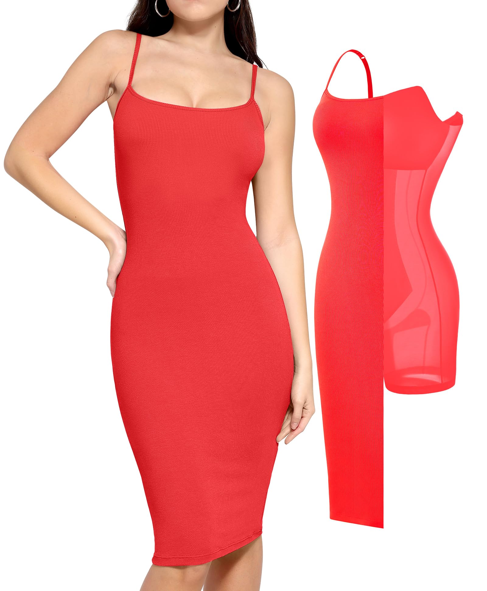 Popilush Women's Summer Midi Cocktail Dress with Shapewear & Adjustable Straps - Bodycon Party Club Dress for Night Out, Date Night & Special Occasions