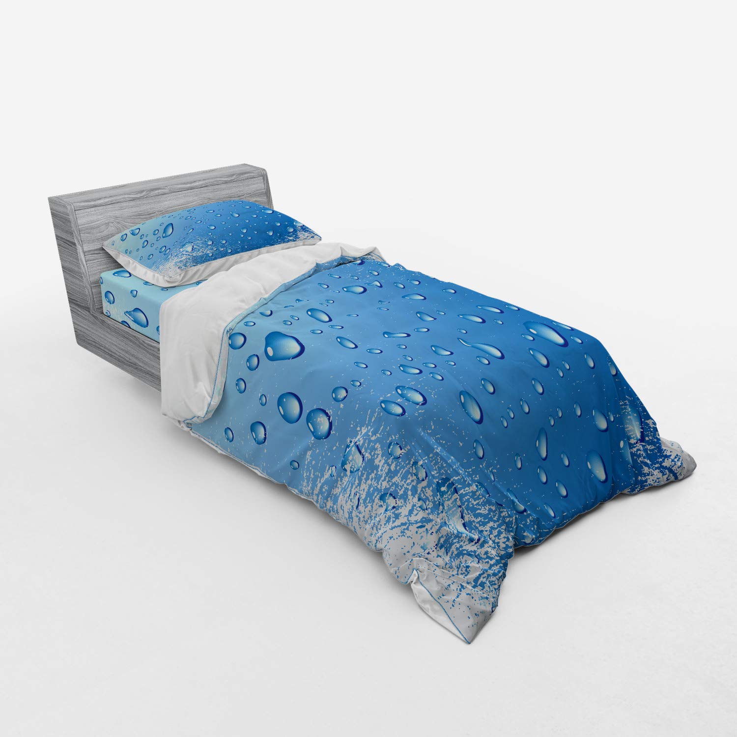Ambesonne Grunge Bedding Set - Realistic Water Drops & Bubbles on Distressed Backdrop, 3-Piece Duvet Cover Set with Sham & Fitted Sheet, Twin XL Size, Blue & White - Perfect for Boho & Industrial Bedroom Decor