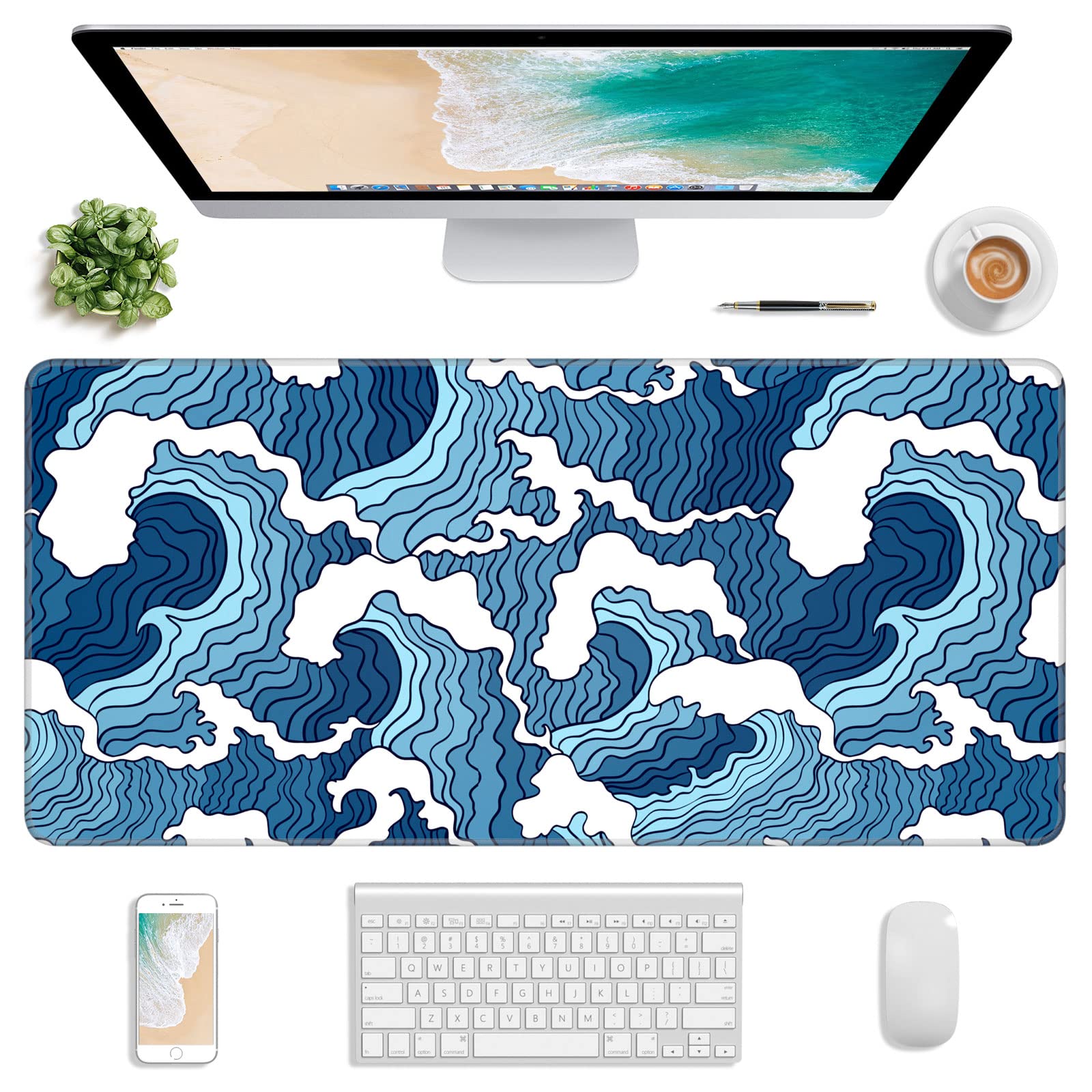 Japanese Wave Design Extended Gaming Mouse Pad - 30x14 Inch XL Large Desk Mat, Non-Slip Base & Stitched Edges, Waterproof Anime Mousepad for PC, Laptop, Office & Gaming Setup - Perfect for Gamers, Streamers & Home Office Workspaces