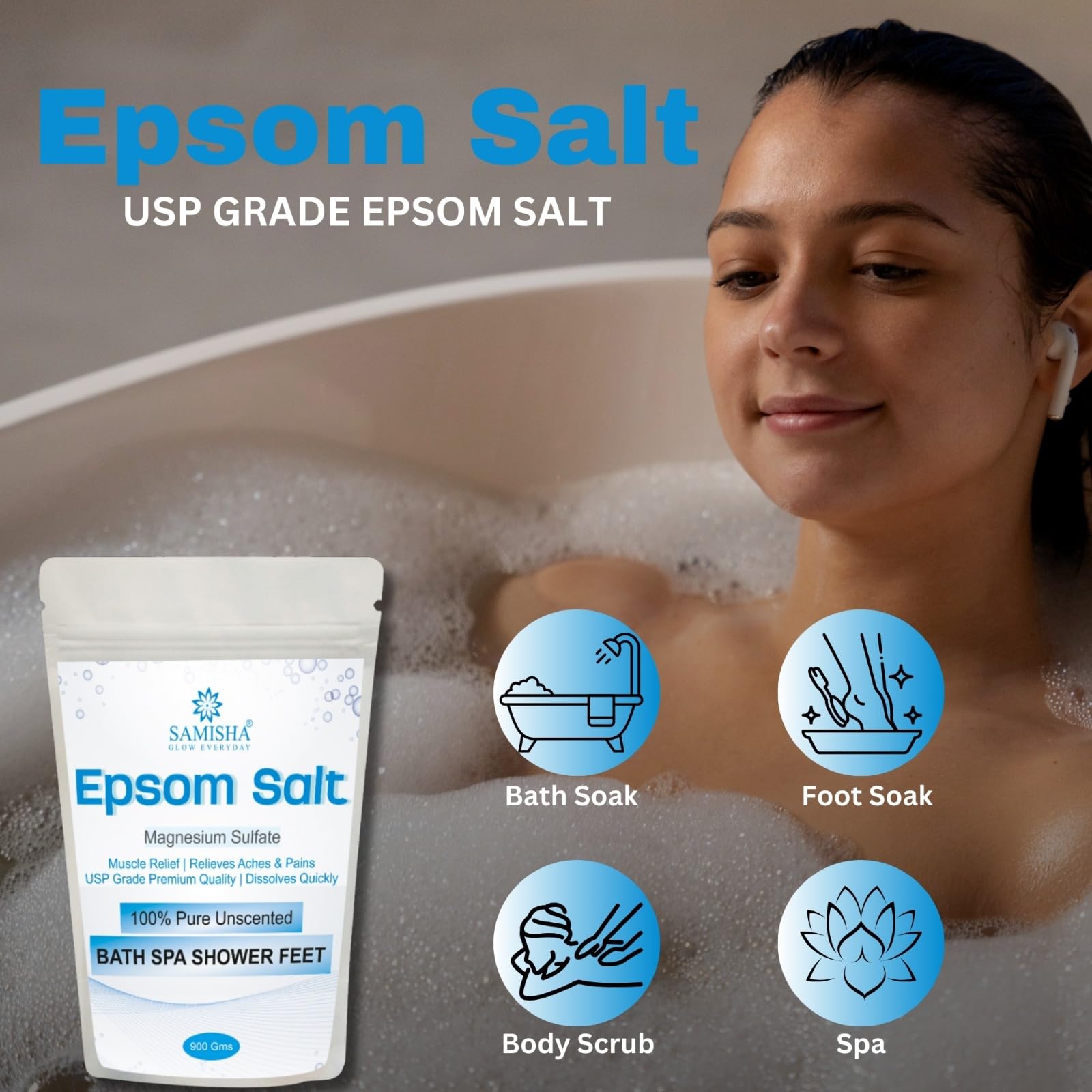 SAMISHA Epsom Salt for Pain Relief & Muscle Relaxation - Magnesium Sulfate Bath & Foot Soak - Unscented Bathing Salt for Relaxing Showers, Spa, and Post-Workout Recovery (Pack of 1)