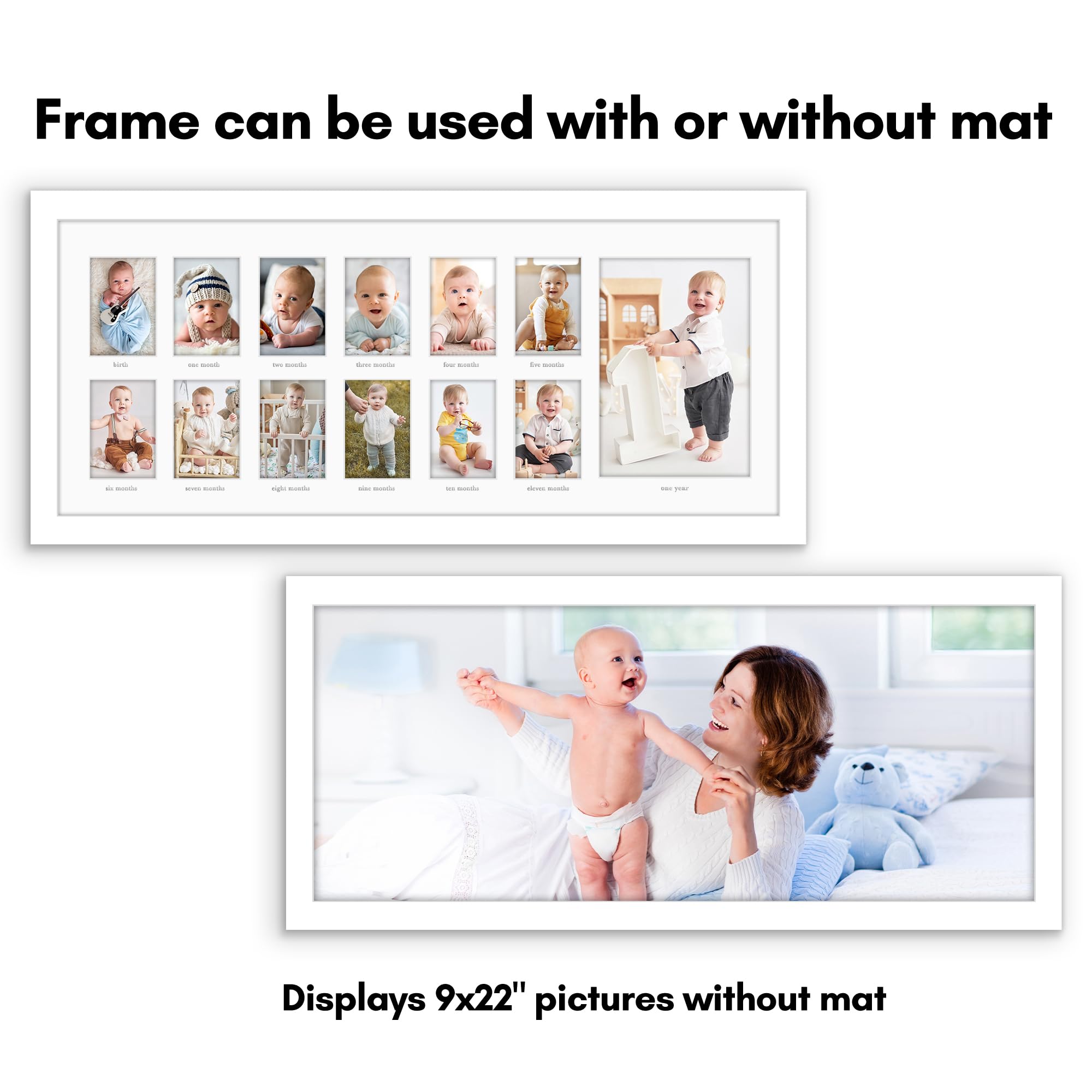 Americanflat 9x22 First Year Baby Photo Frame - Shatterproof Glass Holds Twelve 2x3 & One 5x7 Pictures - Nursery Wall Decor, Newborn Gift Idea, Baby Shower Present - Perfect for Documenting Baby's Milestones in White