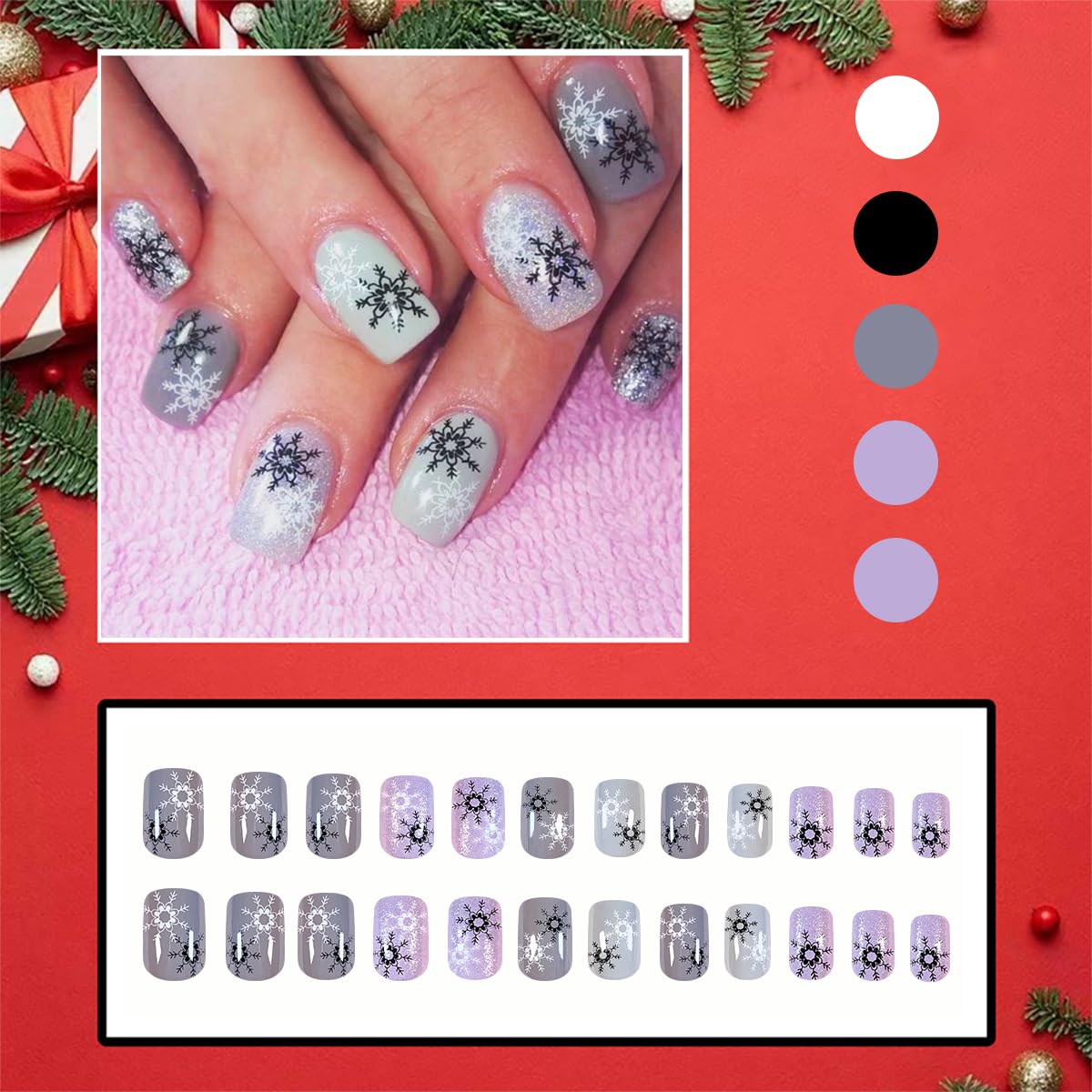 24Pcs Christmas Snowflake Press on Nails - Short Square Fake Nails with Silver Glitter Designs, Purple Full Cover Glue on Nails, Black & White Snowflake Christmas False Nails for Women - Perfect for DIY Winter Manicure, Holiday Parties & Gift Giving
