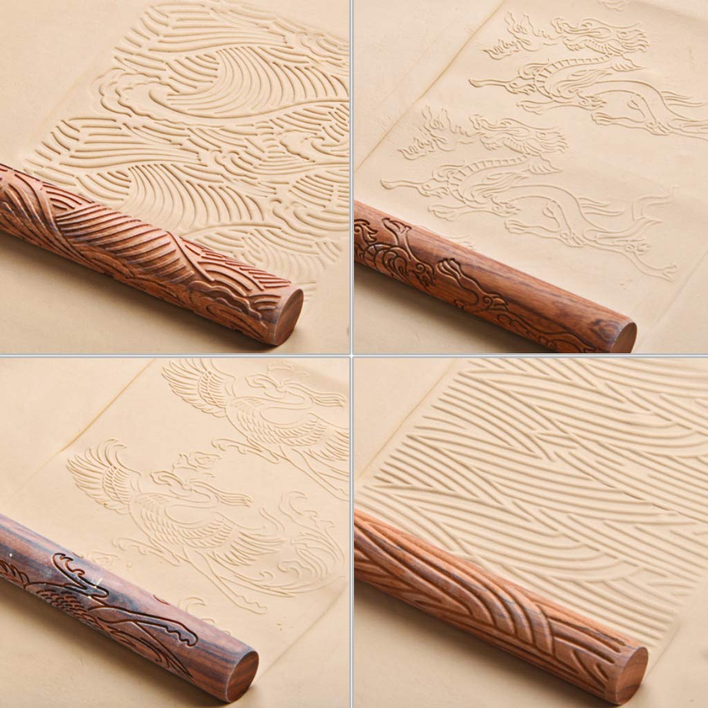 OwnMy 10-Piece Clay Modeling Pattern Rollers Kit - Dragon, Phoenix, Clouds, 3D Geometric Cookie Cutters with Wooden Handles for Pottery, Ceramics & DIY Crafts | Perfect for Cake Decorating, Polymer Clay Art & Home Decor Projects