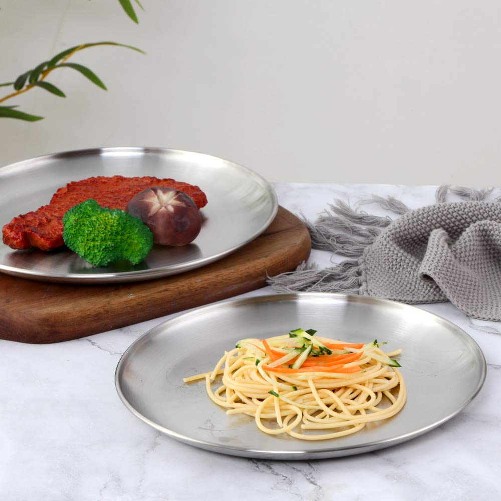 4-Piece Stainless Steel Dinner Plates Set - 9.1 Inch Colorful Metal Platters for Camping, Picnics & Outdoor Dining - Dishwasher Safe, Scratch-Resistant & Durable (Silver) - Perfect for BBQs, Parties & RV Trips