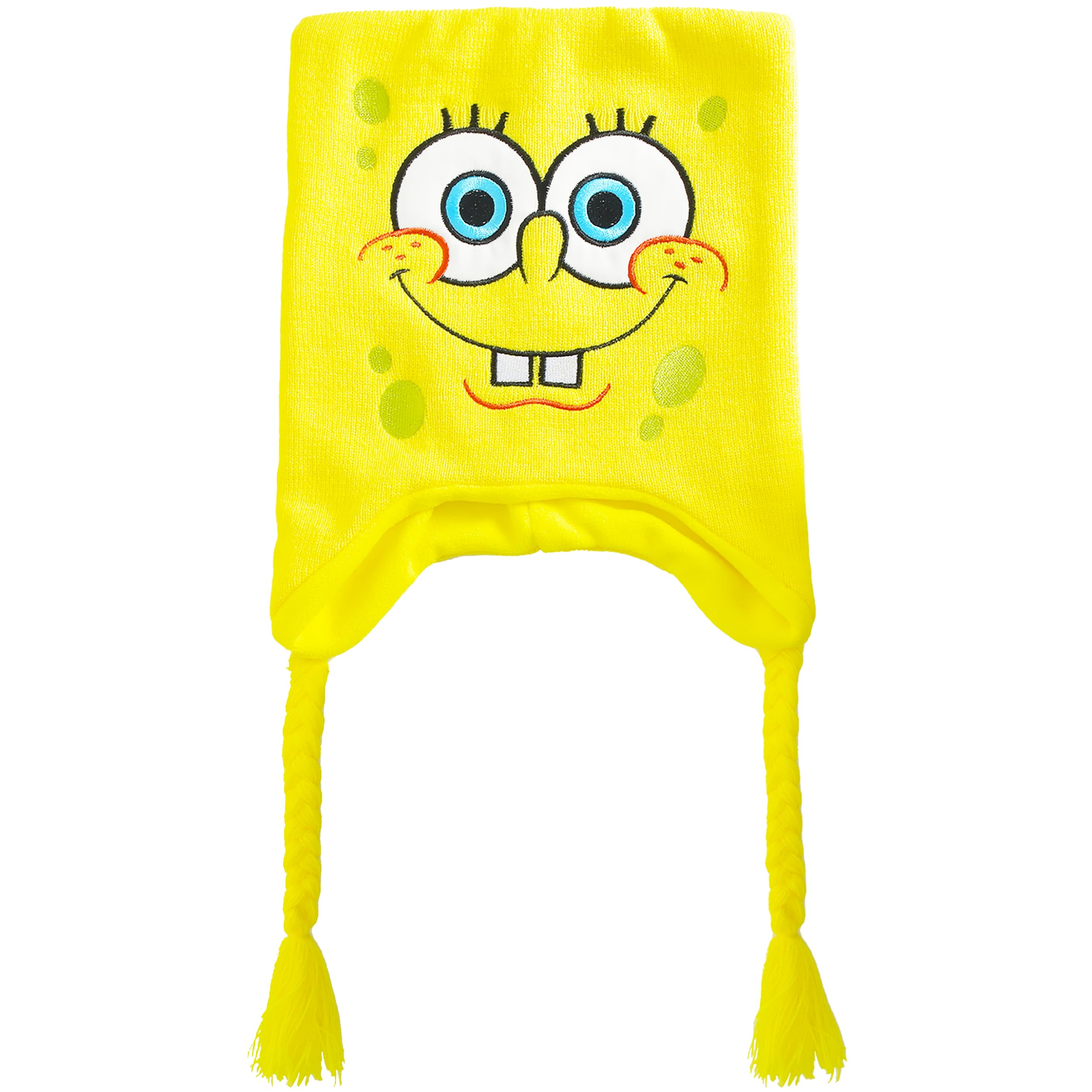 Spongebob Squarepants Beanie Hat - Peruvian Winter Knit Cap with Braided Tassels - Warm Cartoon Character Beanie for Kids & Adults - Perfect for Winter Sports, Cosplay, and Gift Giving