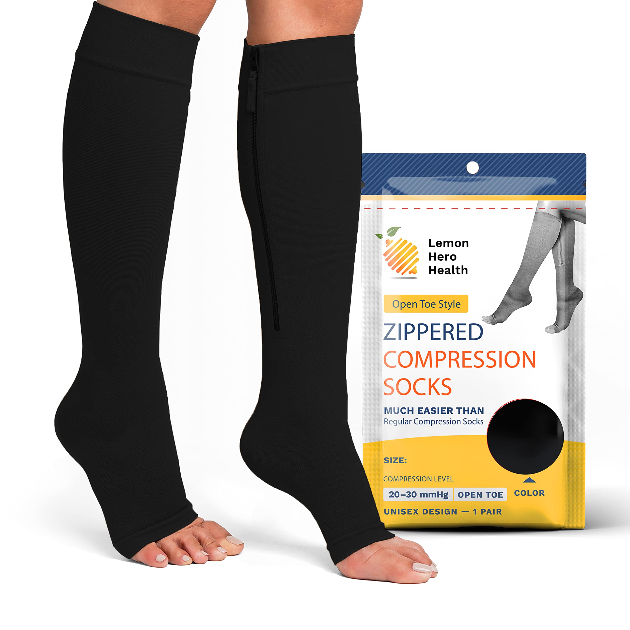 Lemon Hero 20-30 mmHg Open Toe Zipper Compression Socks for Diabetics - Improves Blood Circulation, Reduces Swelling & Pain - Medical Grade Support for Nurses, Runners & Travel - XL Short Size, Black (1 Pair) - Perfect for Long Shifts, Workouts & Airplane Flights