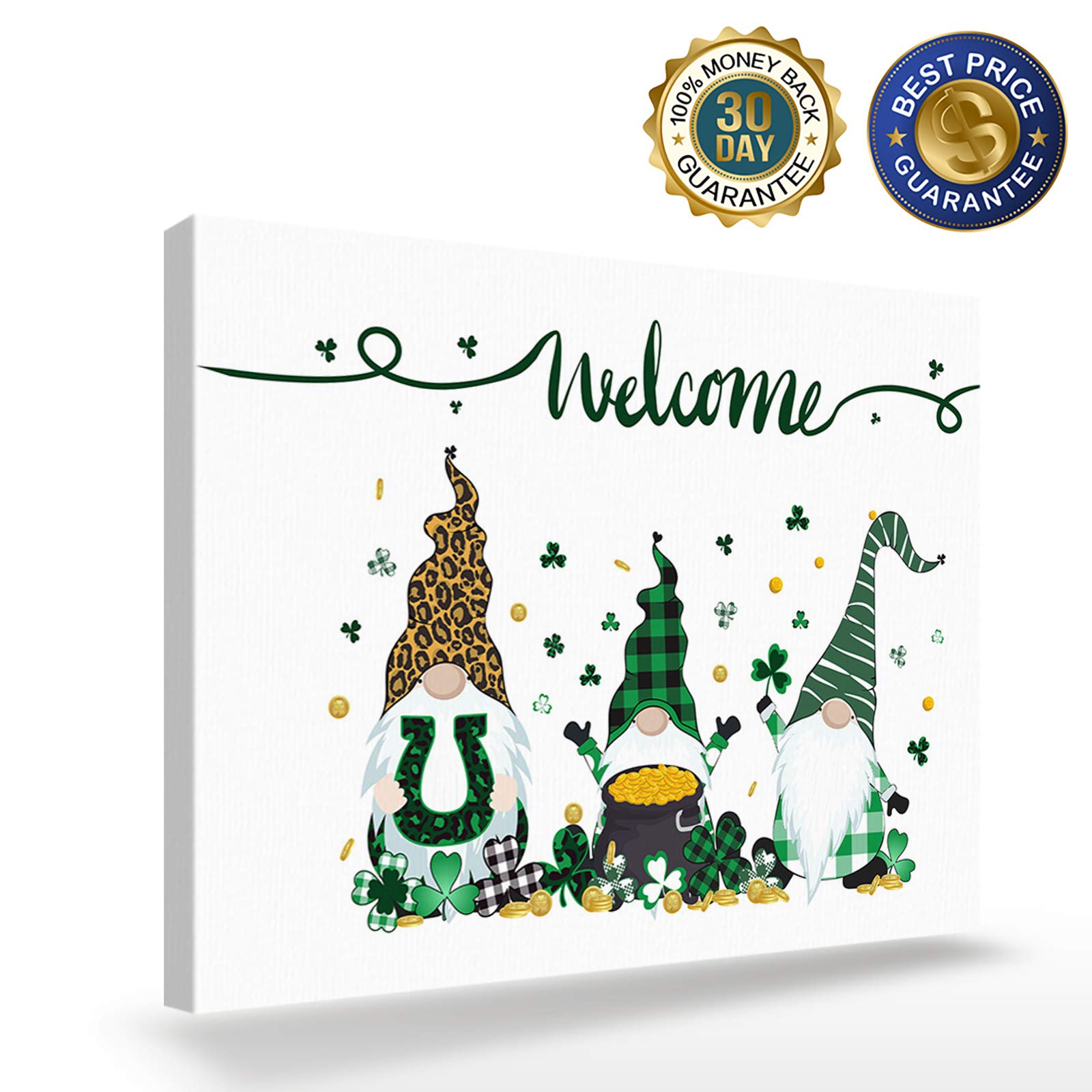 T&H XHome St. Patrick's Day Gnome Wall Art - 12x16 Inch Framed Canvas Oil Painting with Clover Design, Modern Home Decor for Bathroom, Nursery, Office, Living Room & Bedroom | Perfect for Irish-Themed Parties & Holiday Decorations