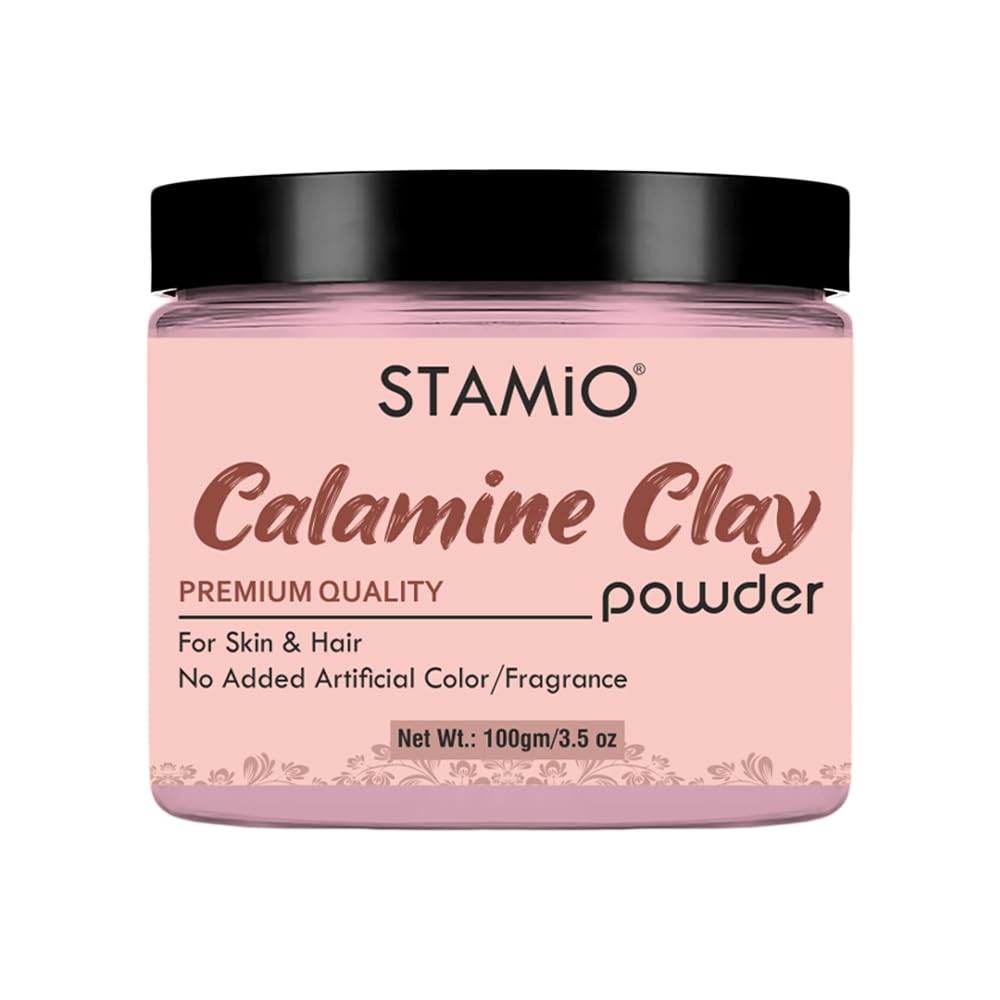 **STAMIO Calamine Clay Powder 100g (3.53 oz) - Natural Face Mask, Skin Care & Hair Treatment for All Skin Types | Chemical-Free, Vegan | Perfect for Acne, Oily Skin & Detox | Glass Jar Packaging**    *(Ideal for DIY spa days, deep cleansing, soothing irritated skin, and nourishing hair at home!)*
