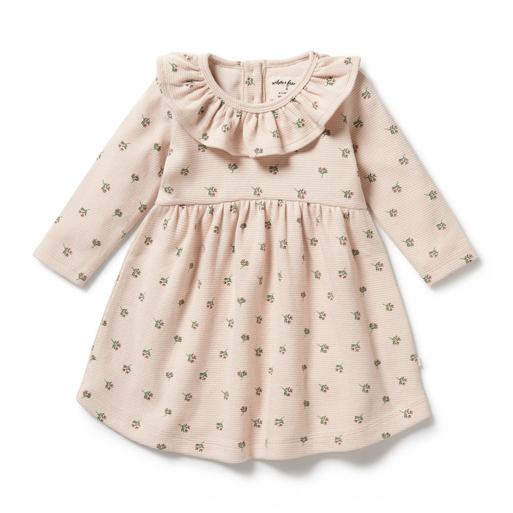 Emily Floral Organic Cotton Waffle Ruffle Dress for Women - Elegant Summer Casual Wear for Beach, Brunch & Outdoor Events