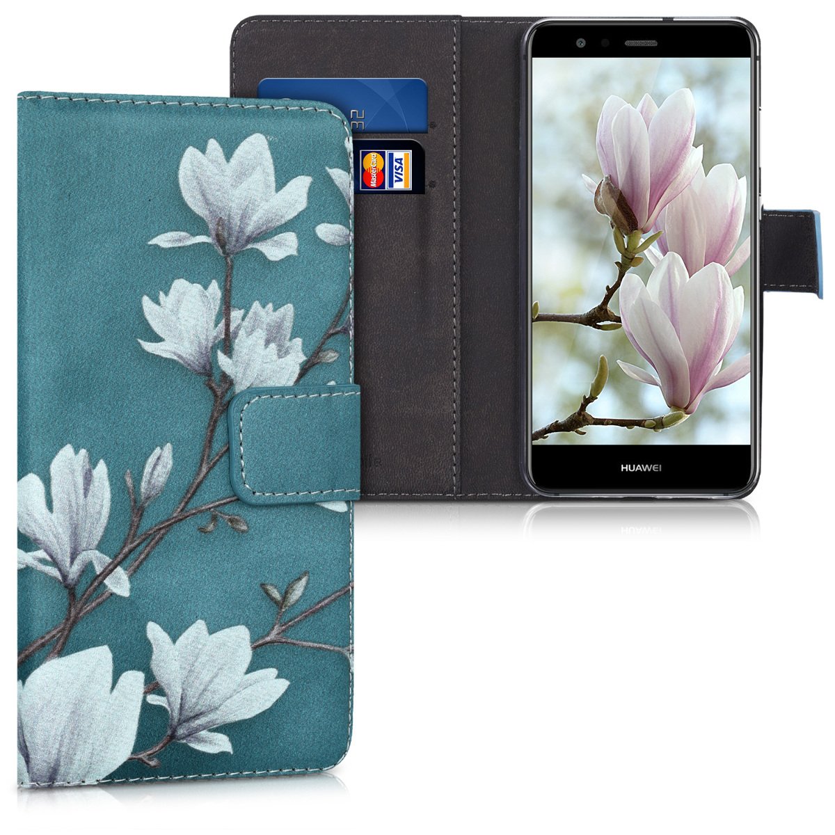 kwmobile Wallet Case Compatible with Huawei P10 Lite - Slim PU Leather Phone Cover with Card Slots & Magnetic Closure (Magnolias Taupe/White/Blue Grey) - Perfect for Work, Travel & Daily Use
