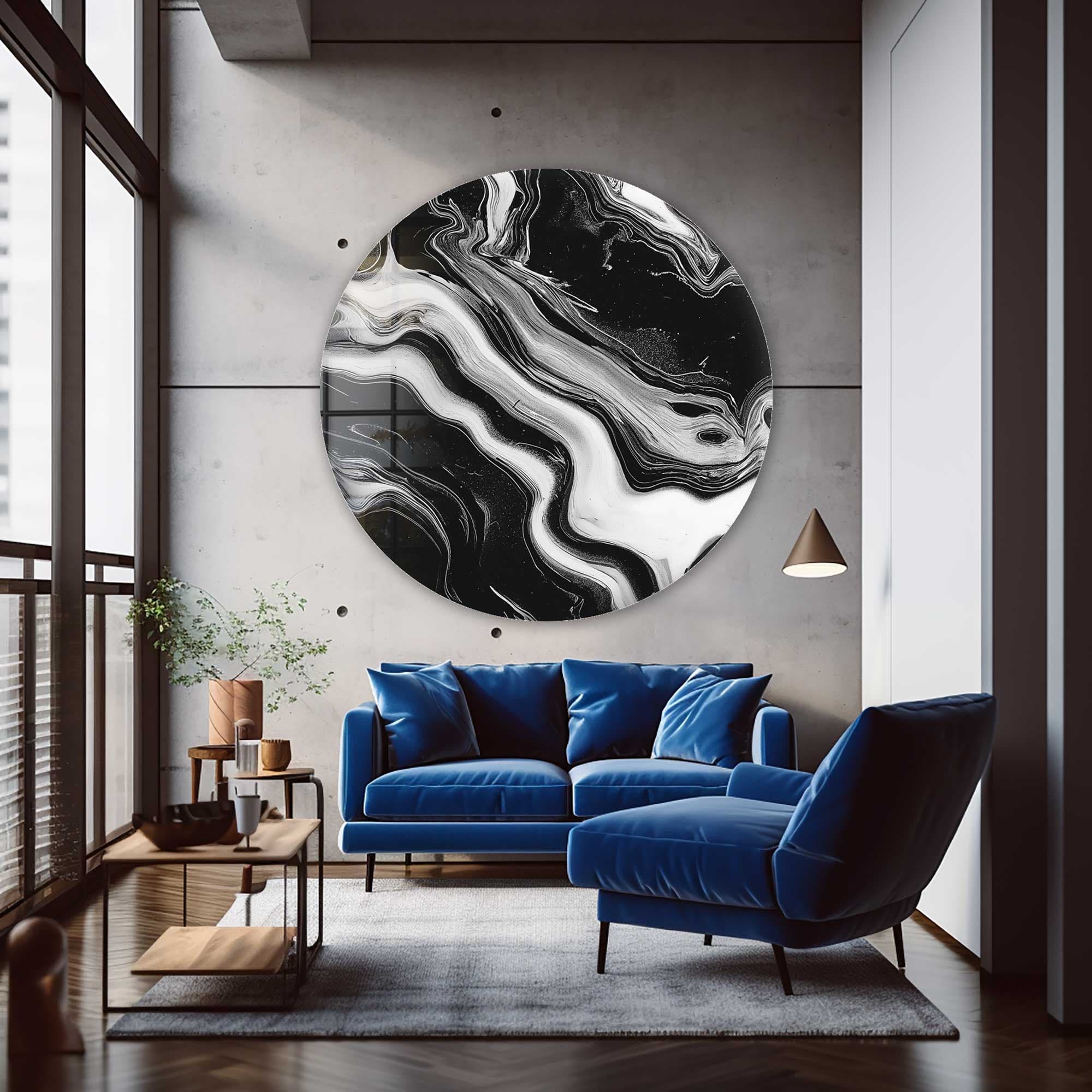 Stylish Noir Waves Rounded Glass Wall Art - Modern Home Decor for Living Room, Bedroom & Office