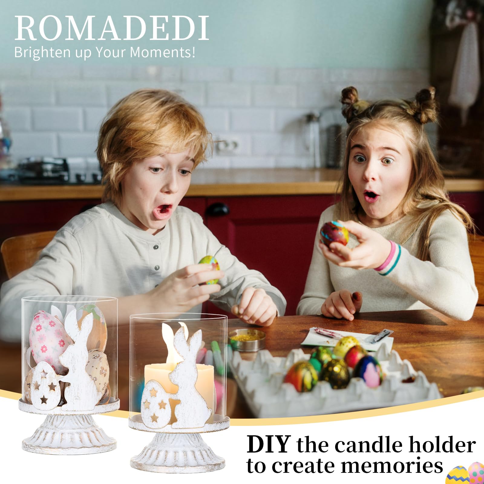 Romadedi Easter Bunny Candle Holders - Set of 2 Rustic Rabbit Egg Hurricane Vases for Table Centerpiece, Spring Home Decor, Farmhouse Decorations, White Distressed Finish - Perfect for Easter Decor, Farmhouse Tablescapes & Holiday Gift Giving