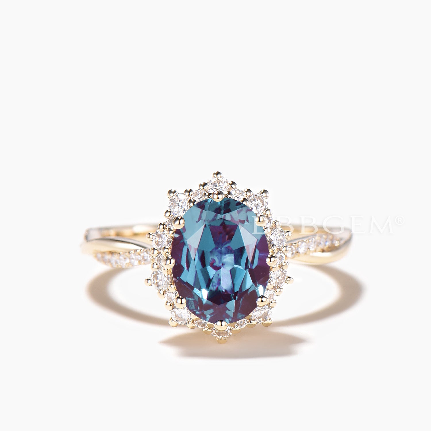 Oval Cut Color Changing Alexandrite Engagement Ring with Diamond Halo & Twisted Band – Perfect for Proposals, Anniversaries & Special Occasions