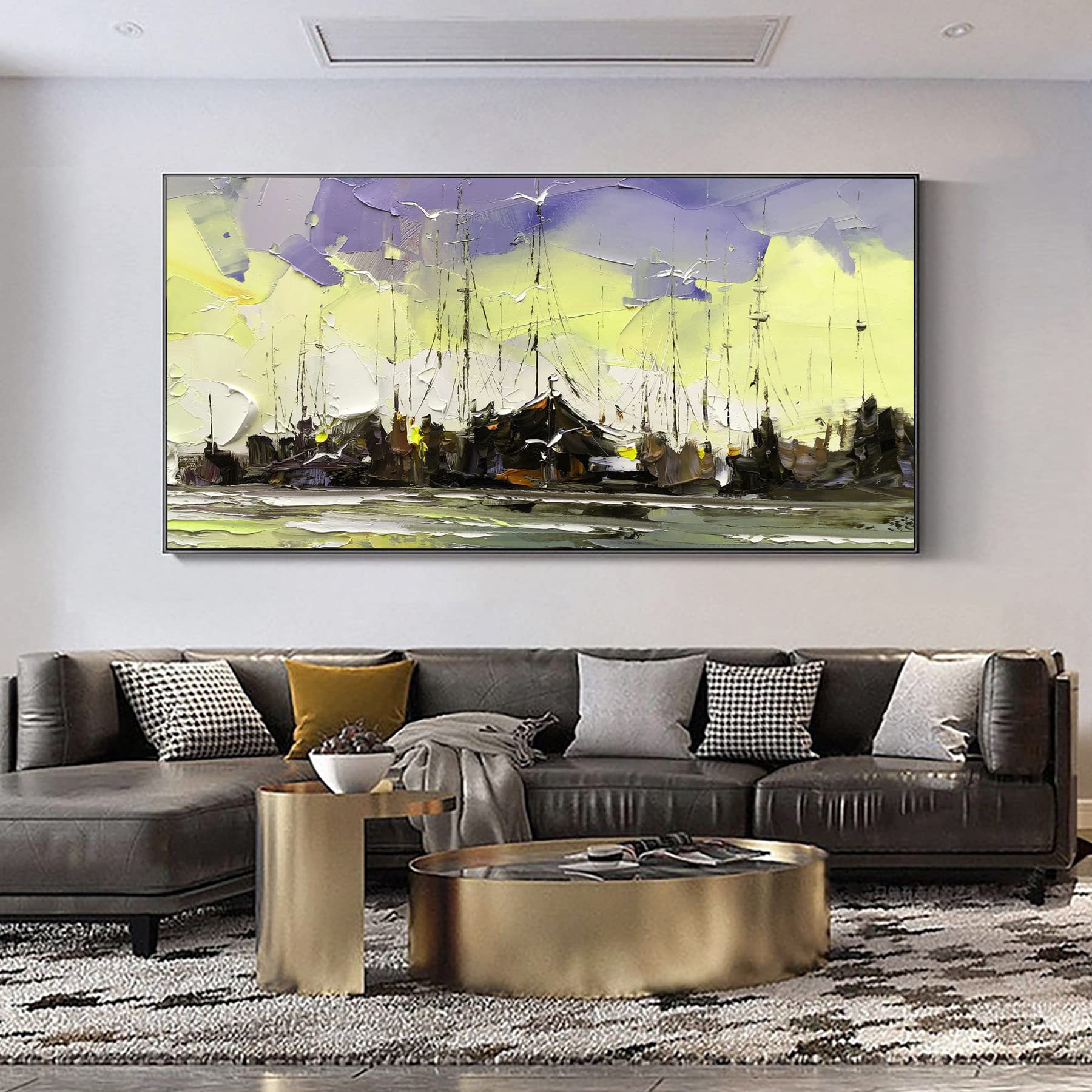 Hand-Painted Original Oil Painting on Canvas - Beach Boat Bathroom Wall Art - Modern Abstract Spring Decor - 64x32 Inch Unframed - Perfect for Living Room, Bedroom, Office & Gift Giving