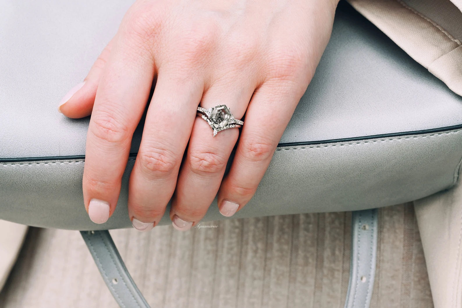 Galaxy Raw Salt & Pepper Diamond (Herkimer Diamond) Hexagon Ring Set - 925 Sterling Silver Jewelry for Women - Perfect for Weddings, Anniversaries & Special Occasions