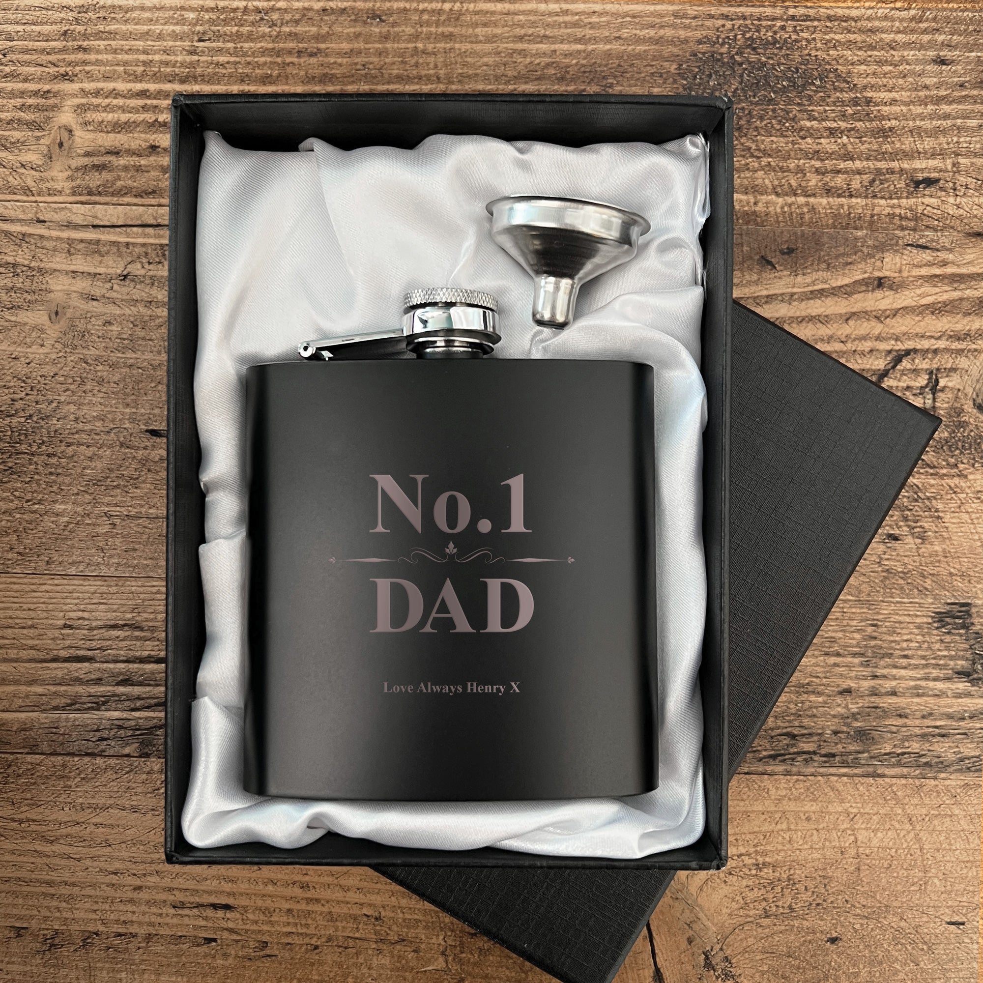 Personalized No.1 Dad Engraved Black Metal Hip Flask 6oz - Perfect Gift for Father's Day, Birthday & Special Occasions