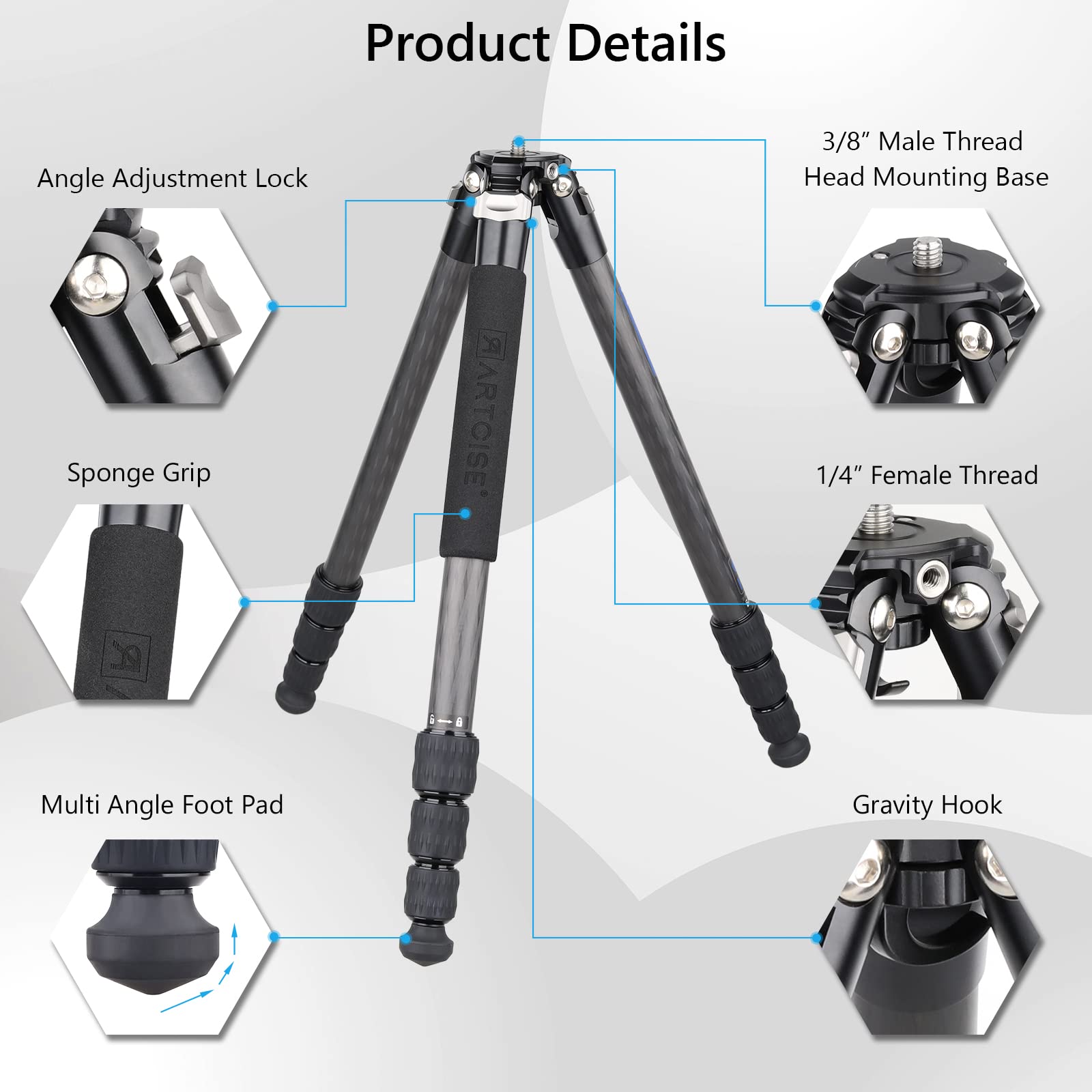Compact 10-Layer Carbon Fiber Tripod with 35mm Low Profile Ball Head - Detachable Travel Monopod & Magic Arm + Phone Clip (15kg Max Load) - Perfect for Travel Photography, Vlogging & Outdoor Shooting