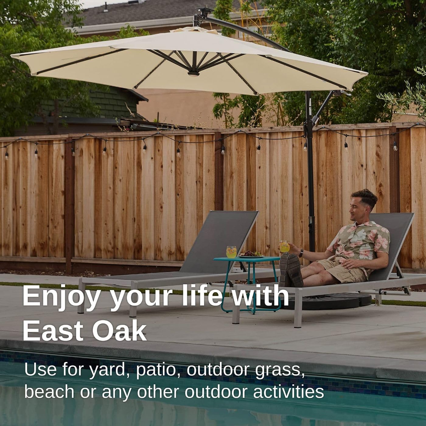 East Oak 10ft Offset Hanging Cantilever Patio Umbrella with 40 Solar Lights - 8 Ribs, Waterproof, UV 30+ Protection, Fade Resistant - Perfect for Poolside, Backyard, Deck, and Outdoor Dining Areas (Beige)