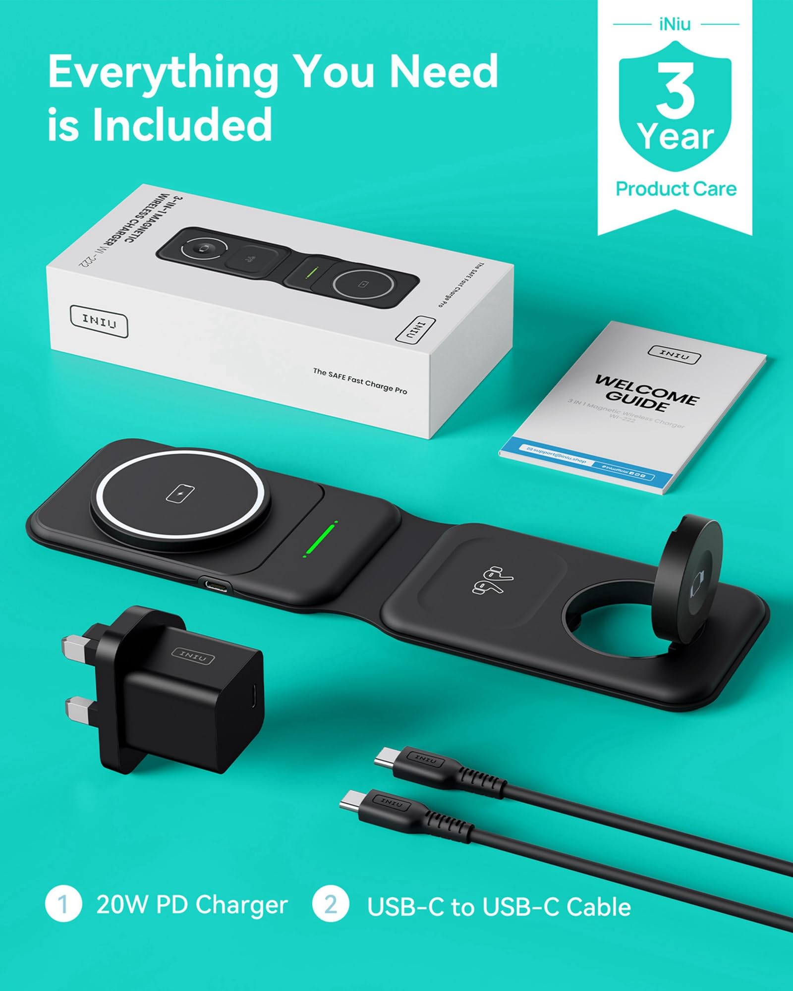 INIU 3-in-1 Wireless Charging Station with MagSafe - Qi Certified Fast Charger for iPhone 16/15/14/13/12 Pro Max, Apple Watch Ultra, AirPods Pro - Compact Travel-Friendly Design for Home, Office & Car Use