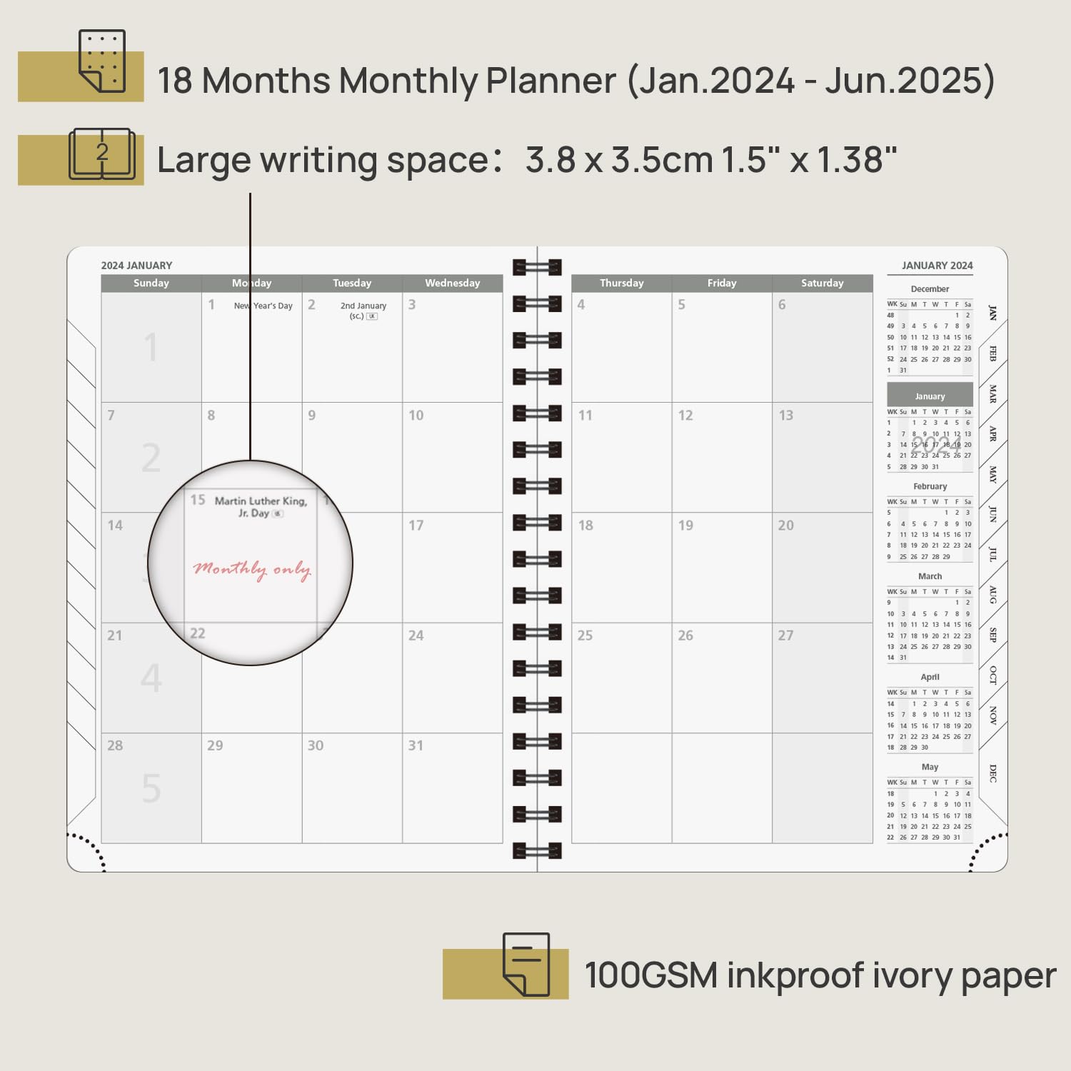 POPRUN 2024-2025 Monthly Planner - 18 Month Spiral Bound Calendar (Jan 2024-Jun 2025) with Expense Tracker & Notes, 6.5
