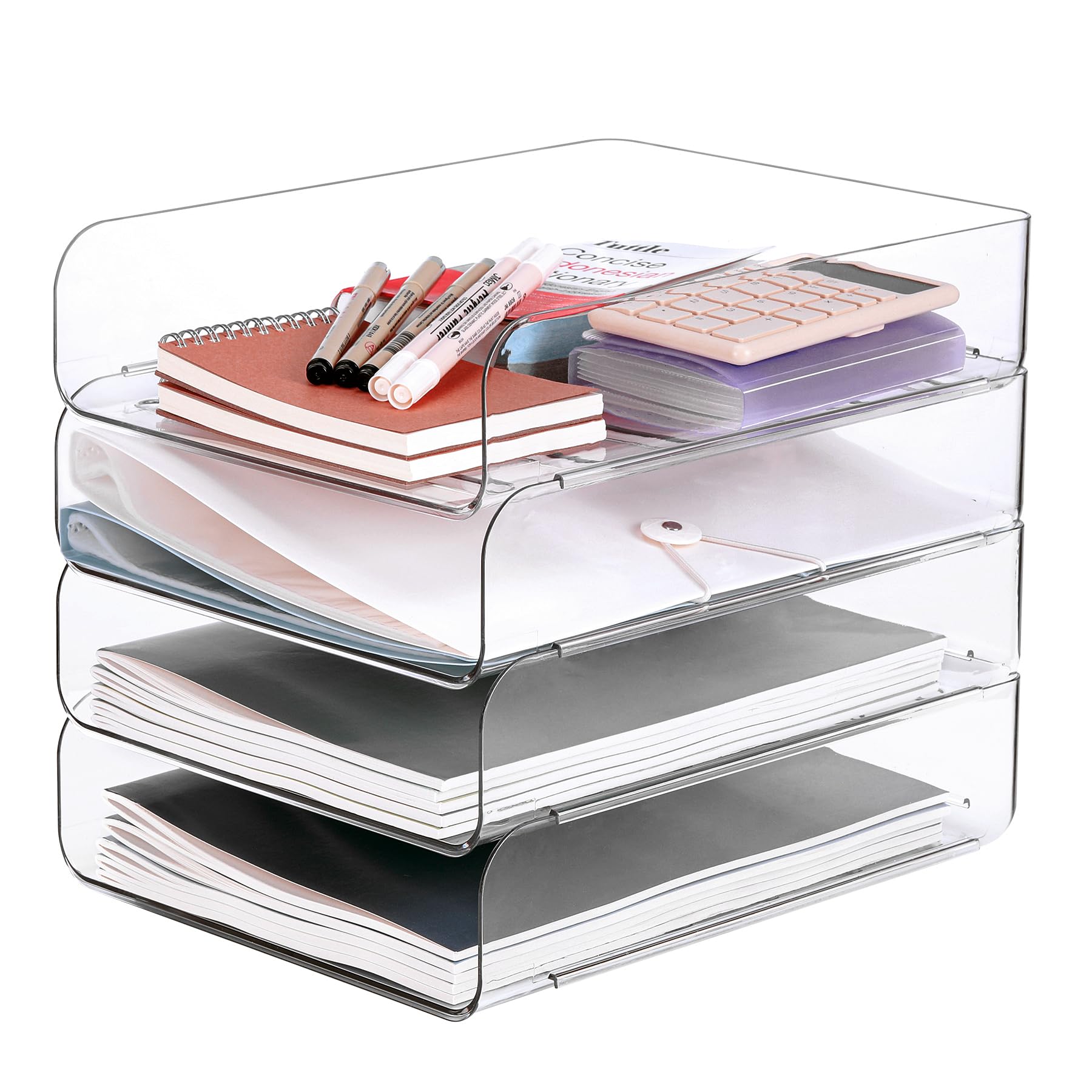 Set of 4 Clear PET Letter Tray Desk Organizer - Stackable Document & File Paper Organizer for Office Supplies | Perfect for Desk Organization, Mail Sorting & Paper Storage