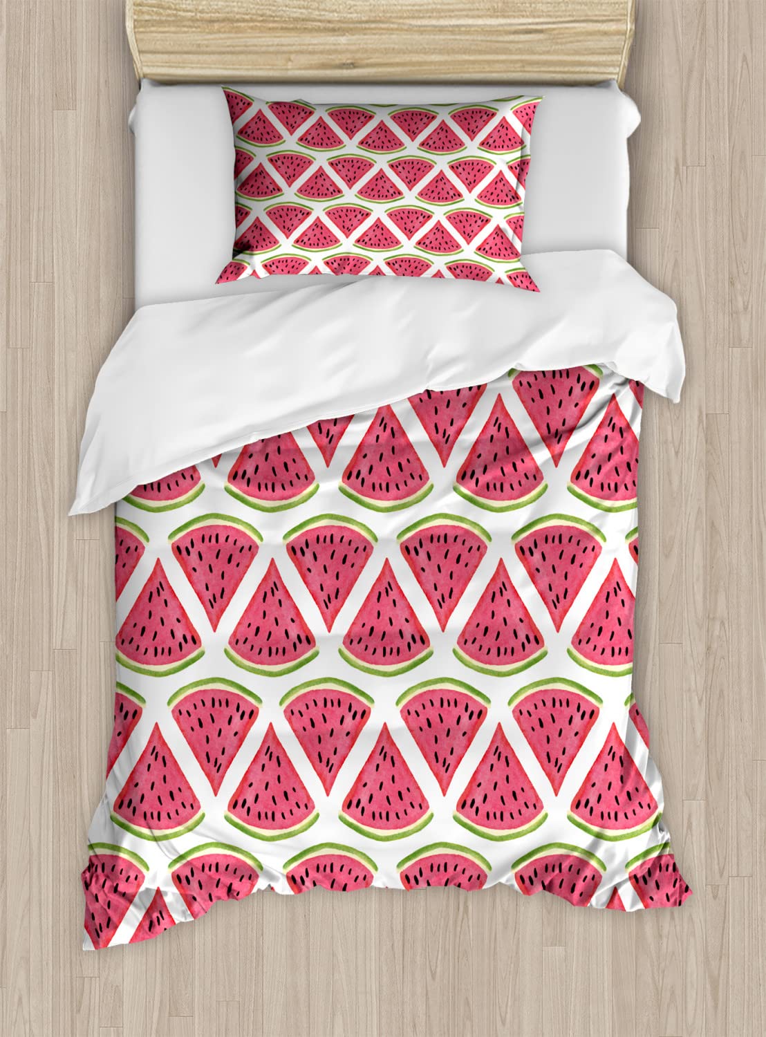 Ambesonne Fruits Duvet Cover Set - Whimsical Watermelon Print Summer Bedding, 2 Twin Size Duvet Covers & 2 Pillowcases, Dark Coral & Fern Green - Perfect for Kids' Rooms, Summer Themed Bedrooms & Farmhouse Decor