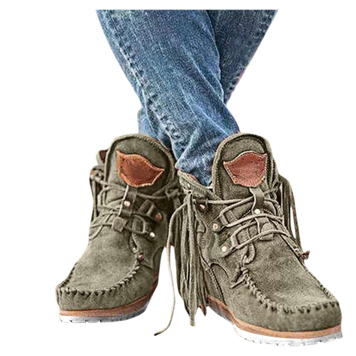 Kaitobe Women's Western Boots - Fringe Suede Flat Round Toe Ankle Boots for Cowgirl Style | Perfect for Country Dancing, Rodeo Events & Casual Wear