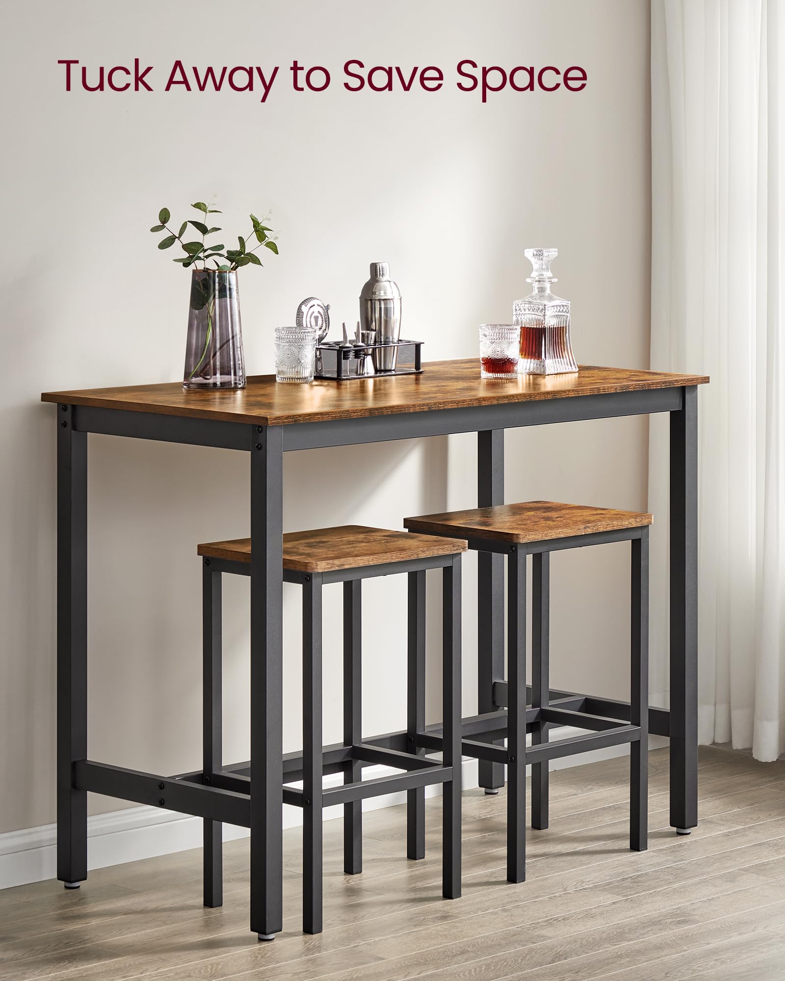 VASAGLE Industrial Bar Table Set with 2 Bar Stools - Rustic Brown and Black Kitchen Counter Height Dining Set for Living Room, Party Room, and Home Bar Decor ULBT15X