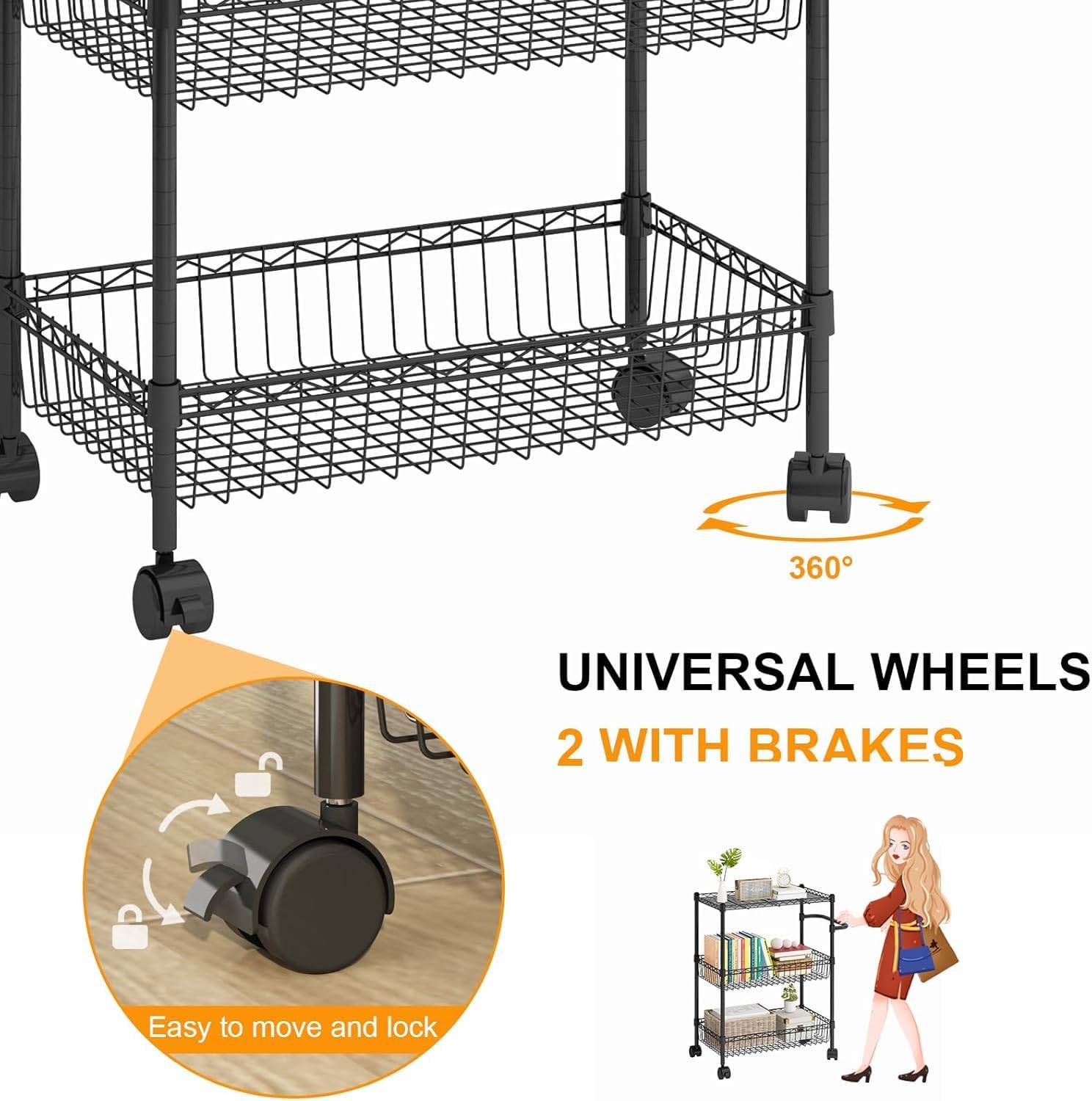 GARVEE 3-Tier Rolling Utility Cart with Wheels & Wire Baskets - Metal Kitchen Storage Cart with Handles for Snacks, Laundry, Bathroom & Office Organization (Black) | Perfect for Small Spaces, Dorm Rooms & Mobile Storage Solutions